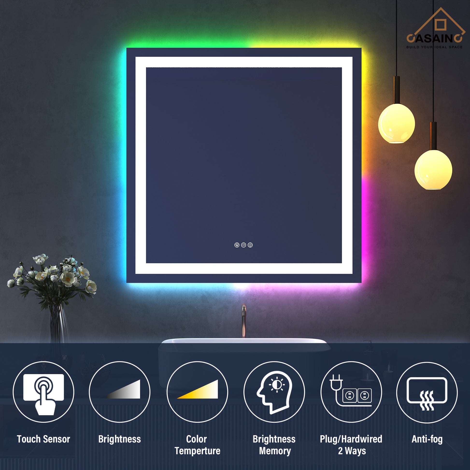Tempered RGB LED Bathroom Mirror with Smart Controls & Anti-Fog