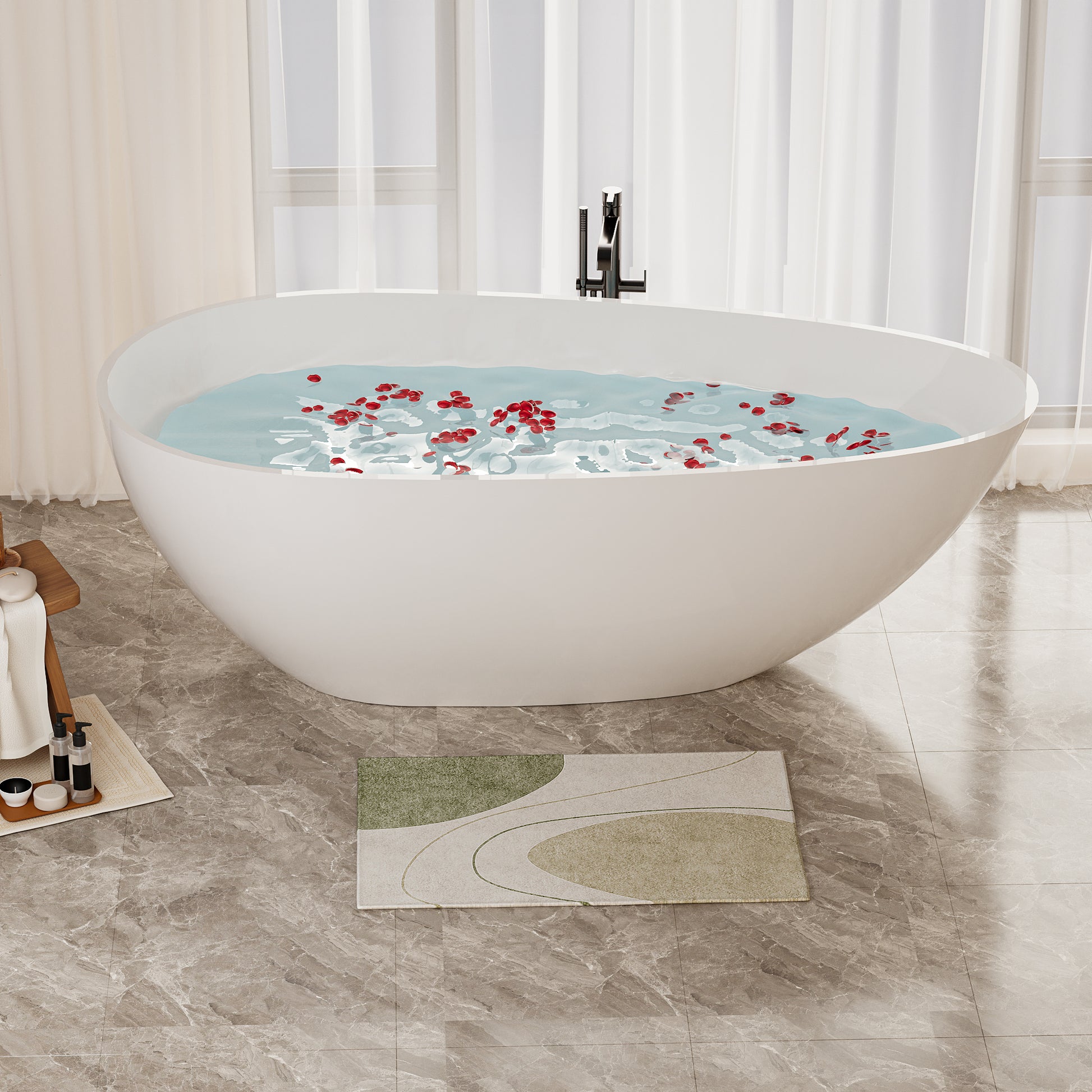 59" Luxury Handcrafted Freestanding Solid Surface Soaking Bathtub in Glossy White