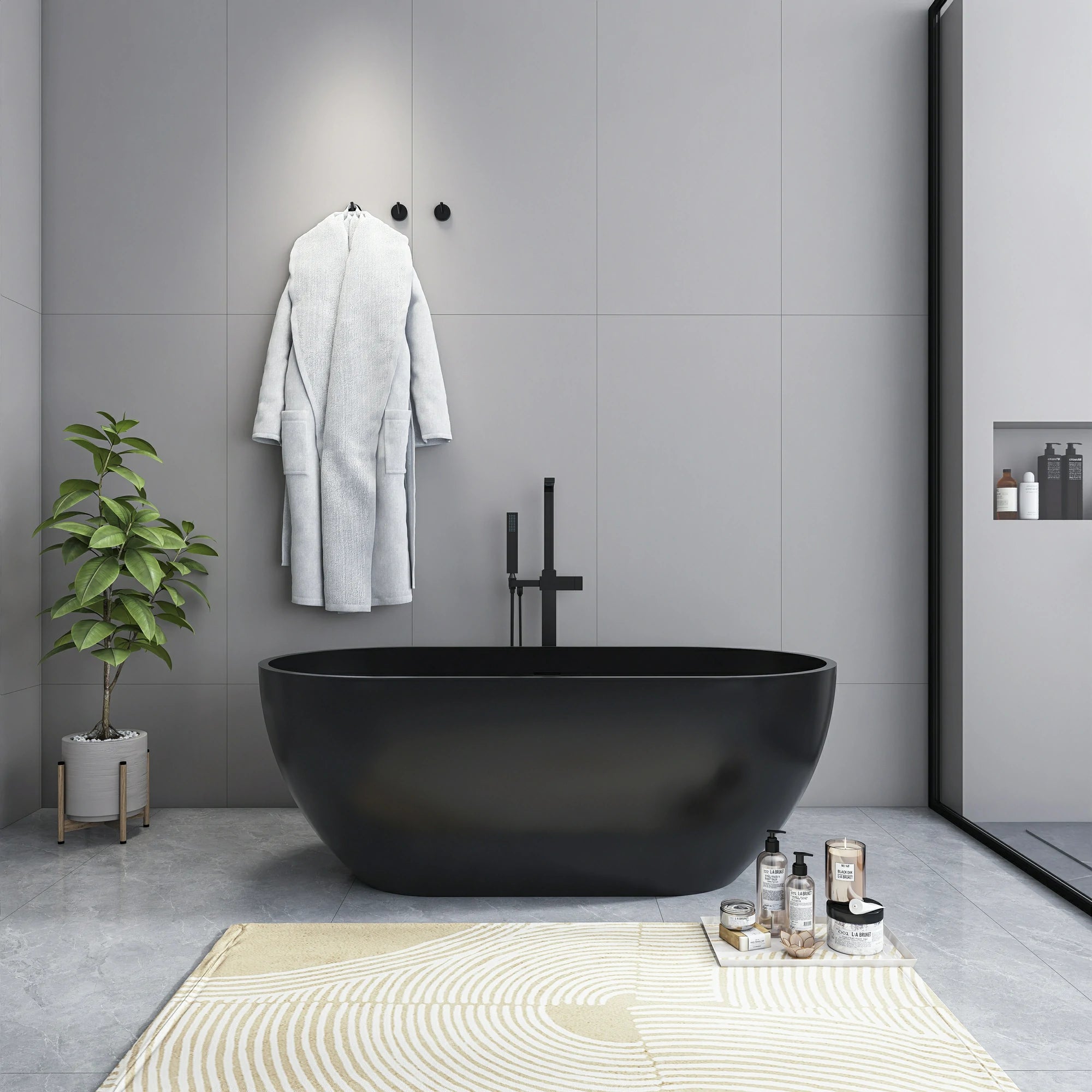 59" Small Oval Solid Surface Freestanding Bathtub in Grey / Black