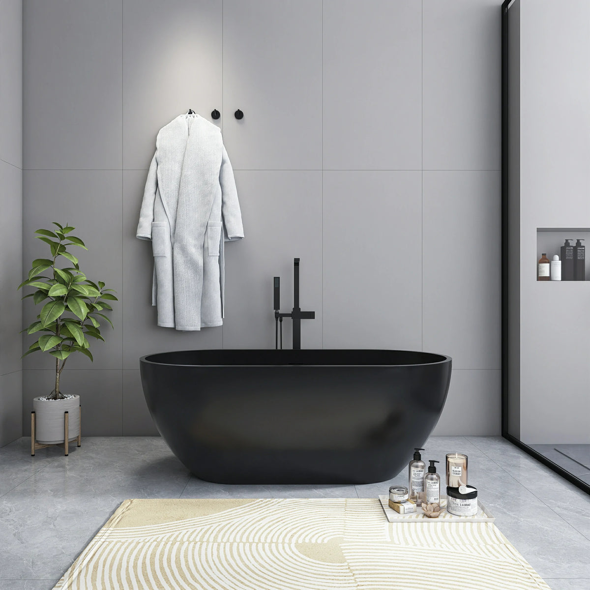 59" Small Oval Solid Surface Freestanding Bathtub in Grey / Black