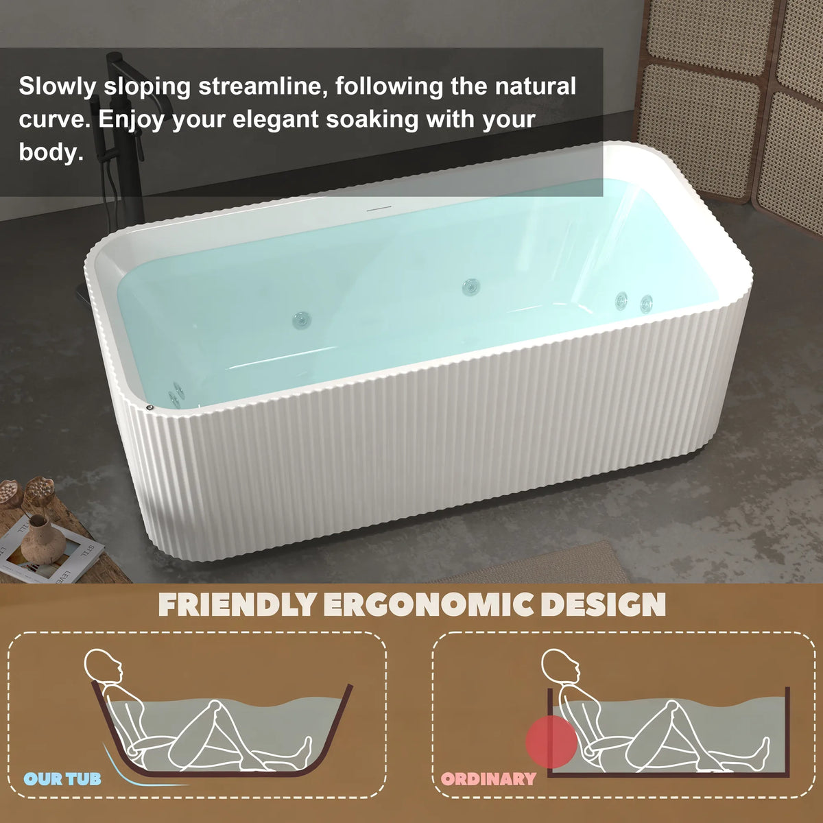 67" Gloss White Acrylic Whirlpool Freestanding Bathtub with 10 Jets and Vertical Fluted Exterior