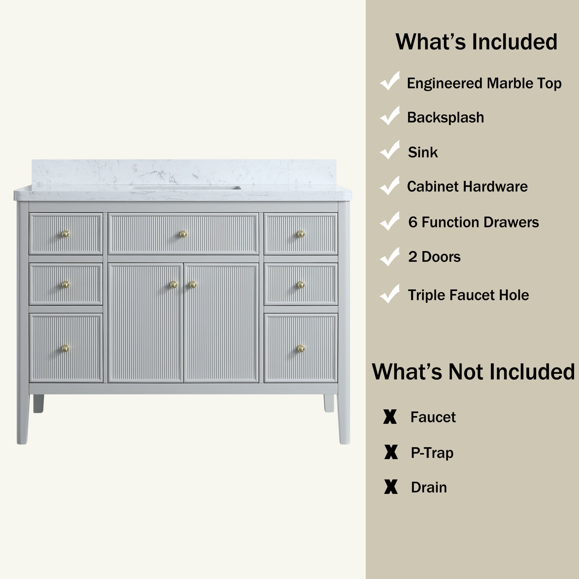 30"/36"/48" Freestanding Single Sink Bathroom Vanity with Solid Wood Construction & Marble Top