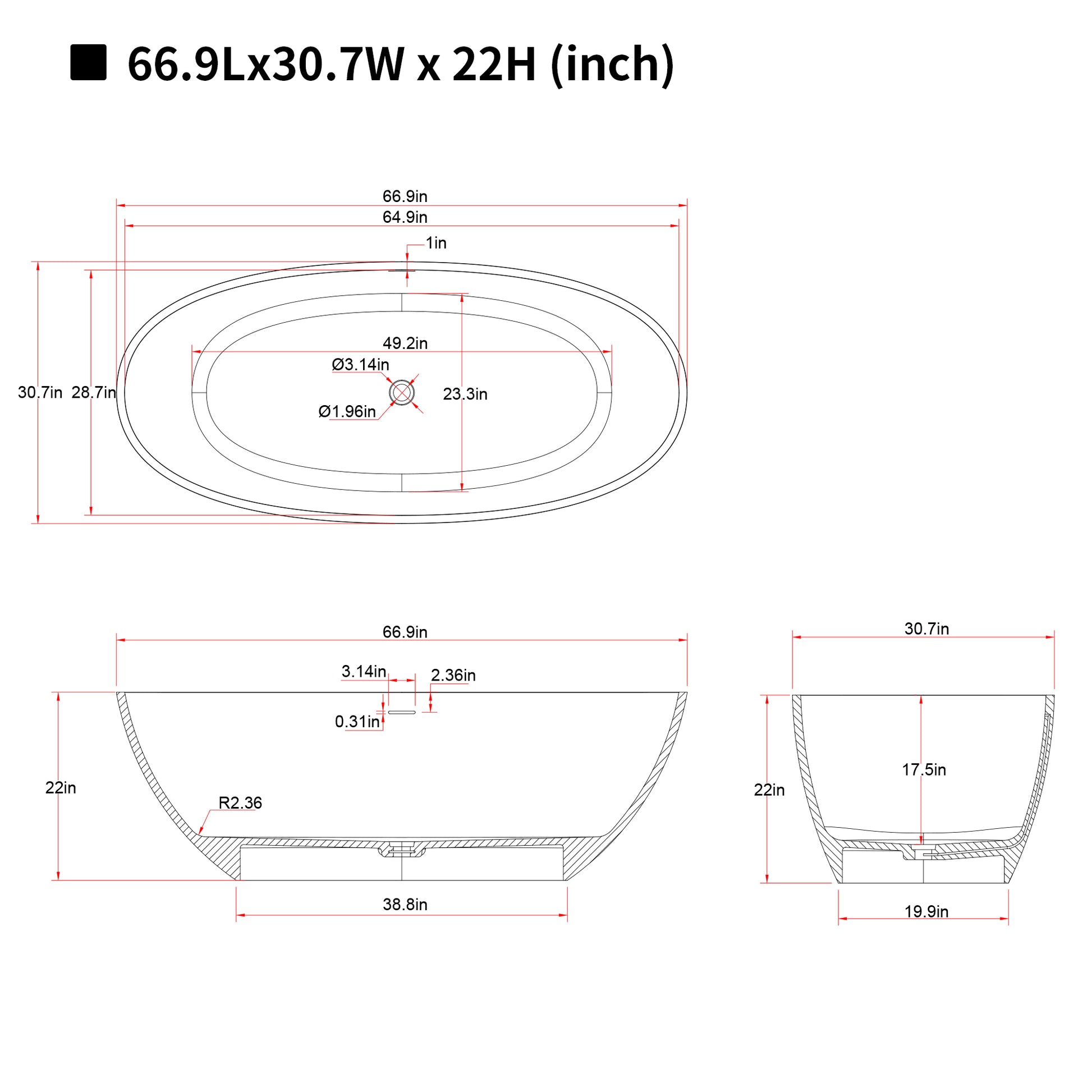 55"/59"/63"/67" Cream Grey Stone Resin Freestanding Soaking Bathtub with Center Overflow and Drain