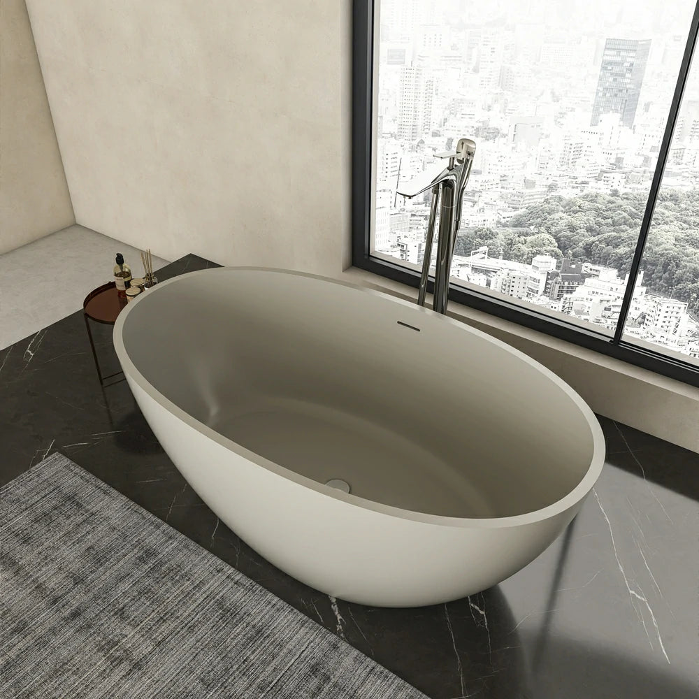 55" Light Beige Solid Surface Freestanding Soaking Bathtub