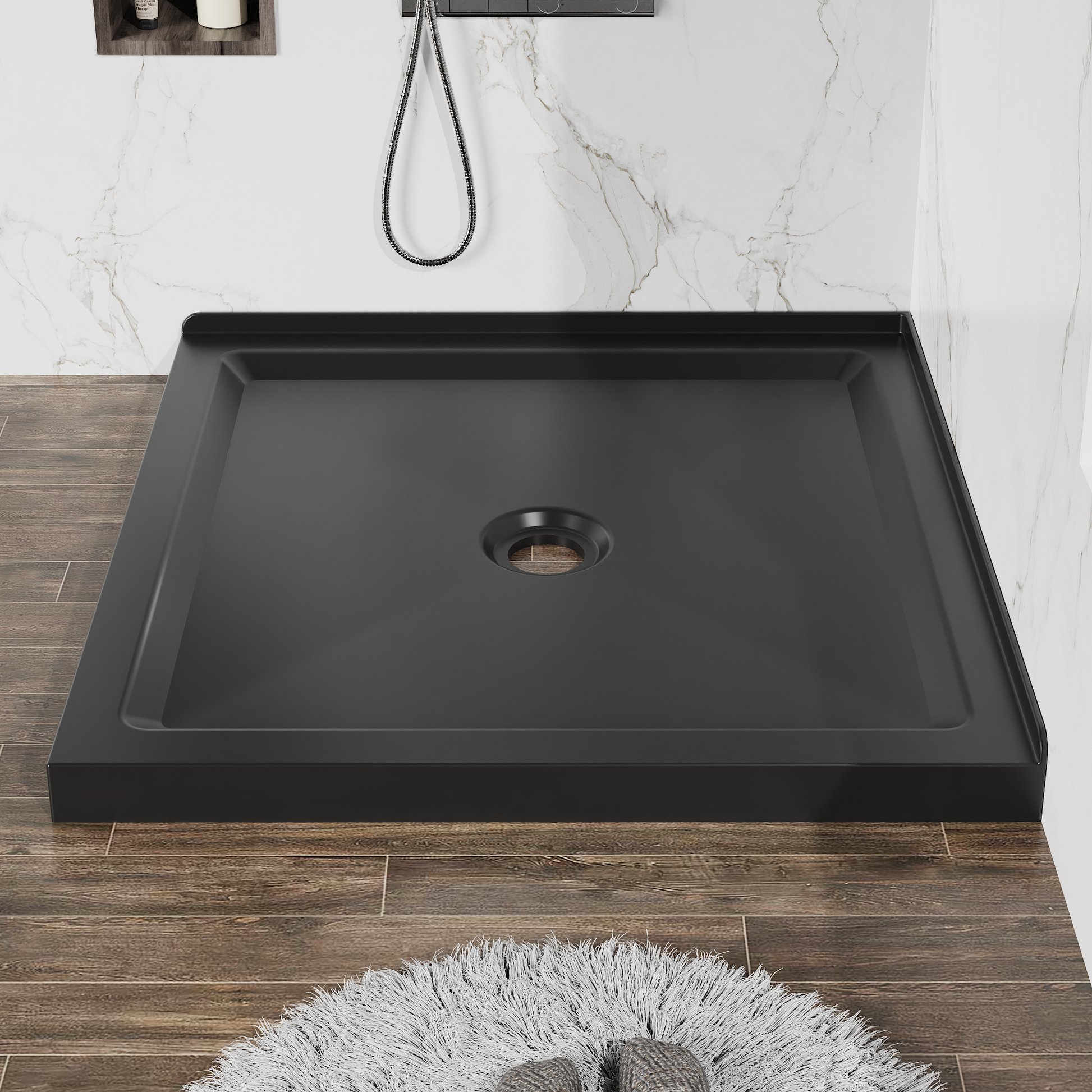 36" x 36" Black Acrylic Shower Base with Center Drain, Anti-Slip Double Threshold Design