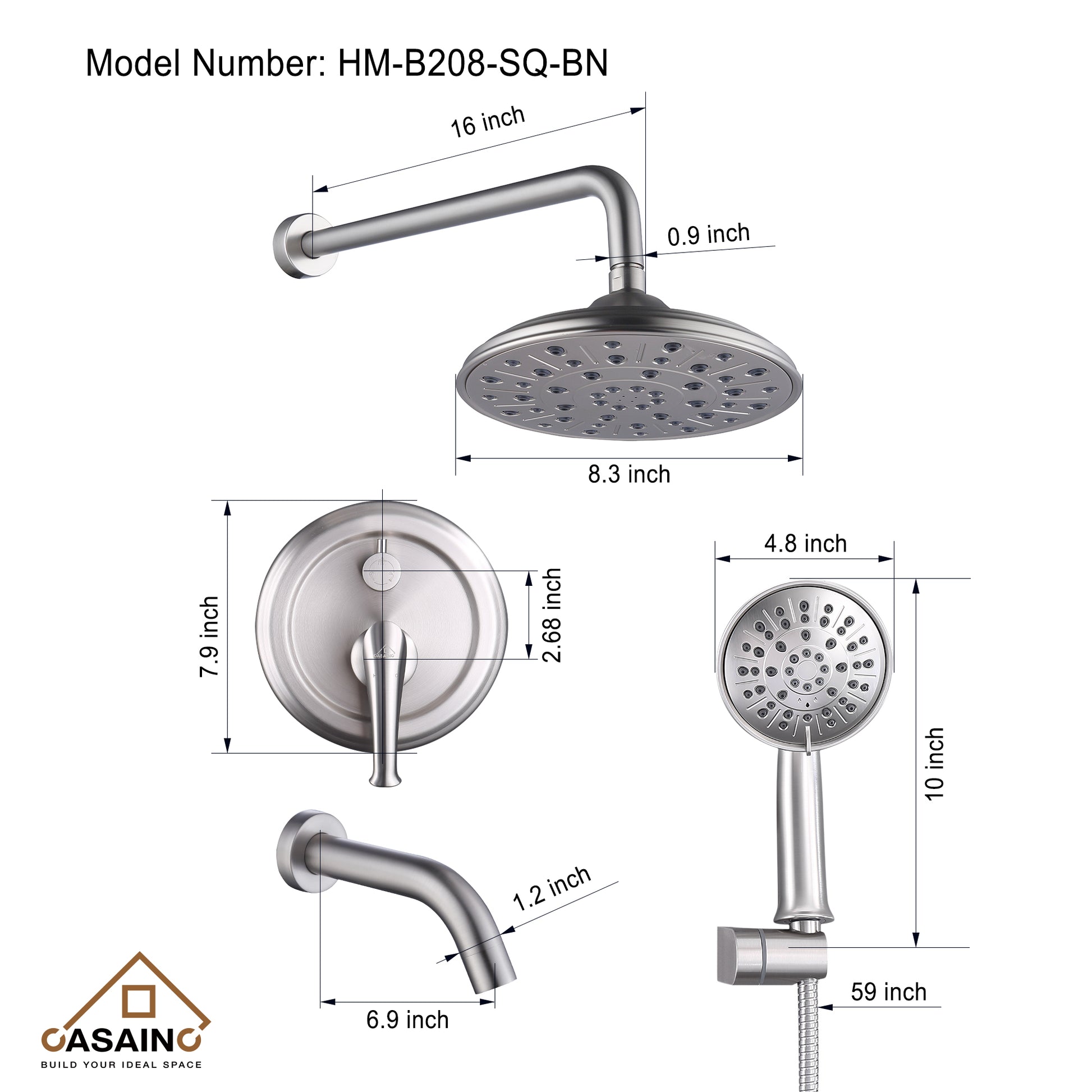 CASAINC 8.3 inch Wall-mounted rain shower faucet with pressure balanced valve