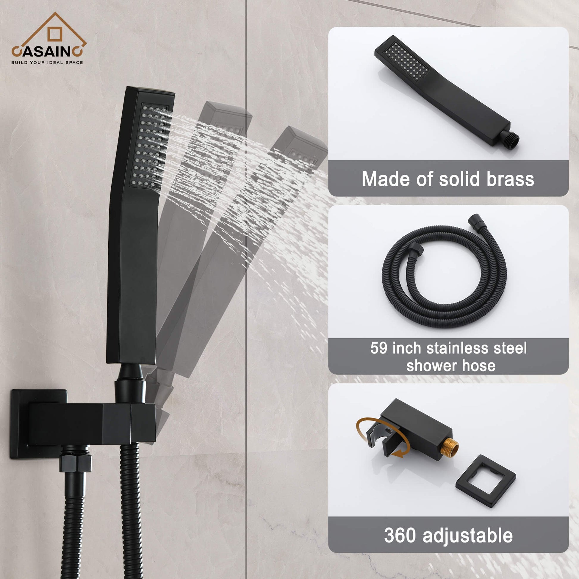 CASAINC Wall-Mounted/Ceiling-Mounted 2-Function Shower System with Handheld Shower in Matte Black