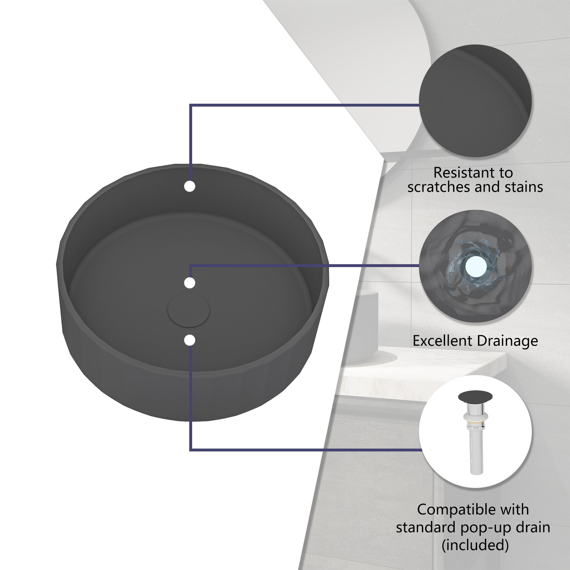 17in Bathroom Concrete Round Vessel Sink with Drainer in Black Earth / Mottled Bluish Grey / Taupe Clay