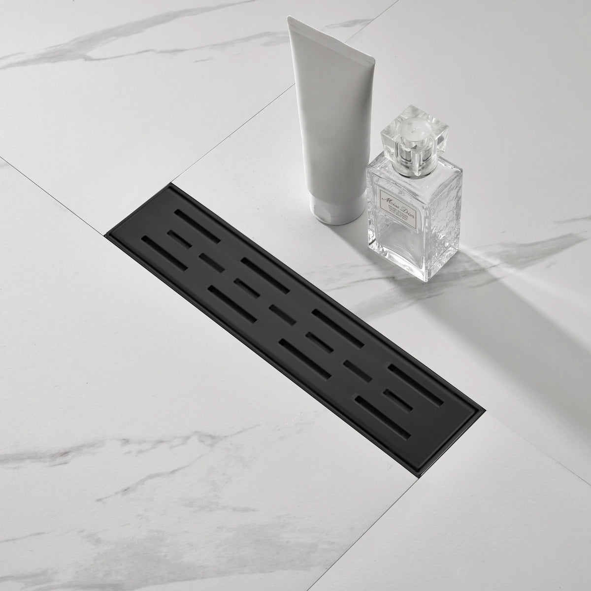 Linear Shower Drain with Brick Pattern Grate Cover and Hair Strainer in 304 Stainless Steel