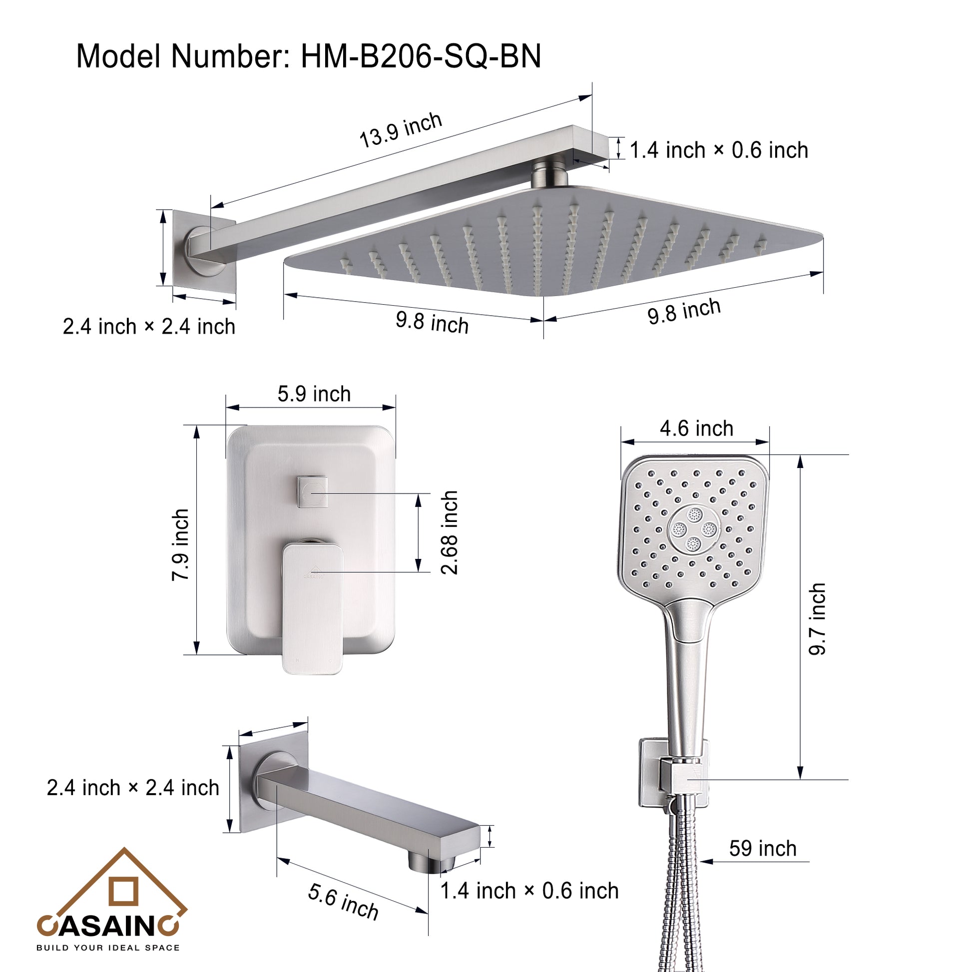 CASAINC 10 inch Square Wall-mounted rain shower faucet with pressure balanced valve