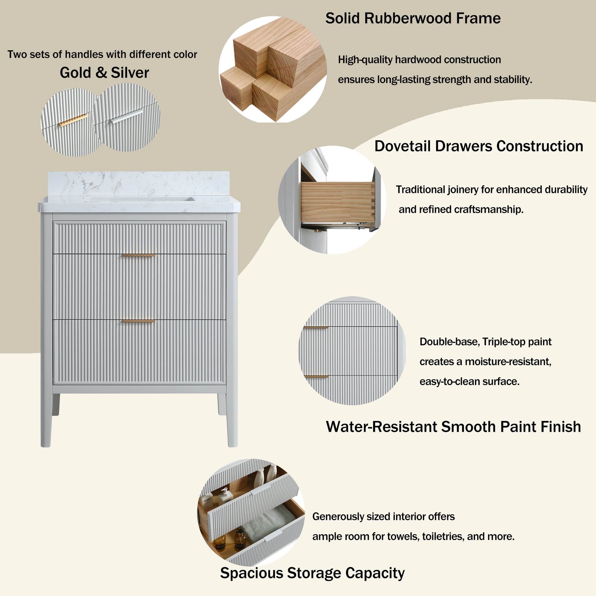 30"/36"/48" Freestanding Single Sink Bathroom Vanity with Solid Wood Construction & Marble Top