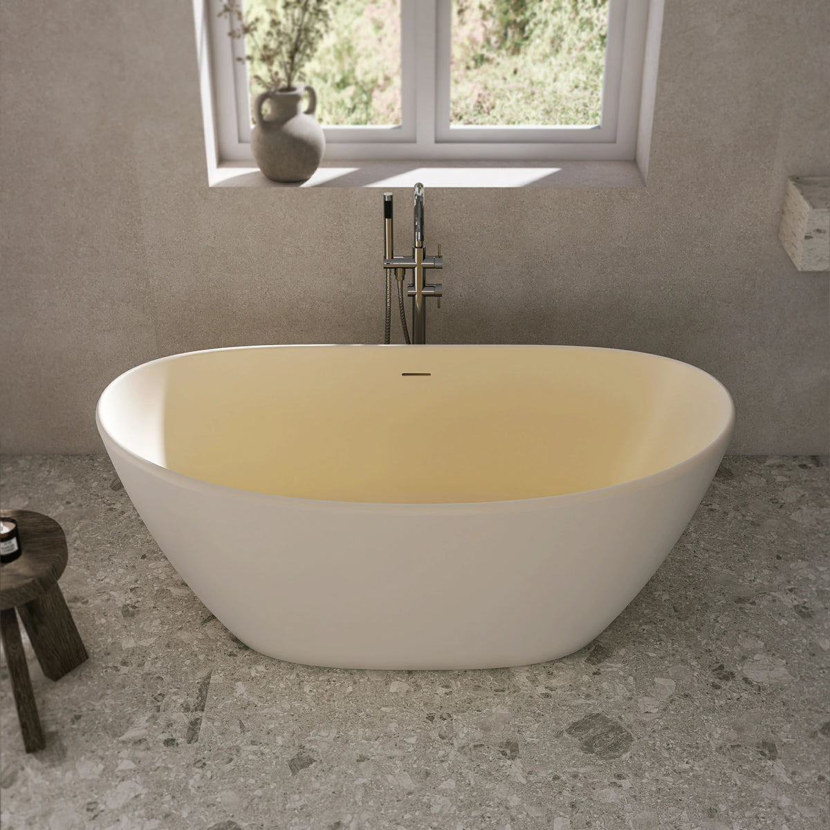 61" Solid Surface Freestanding Soaking Bathtub for Small to Medium Bathrooms