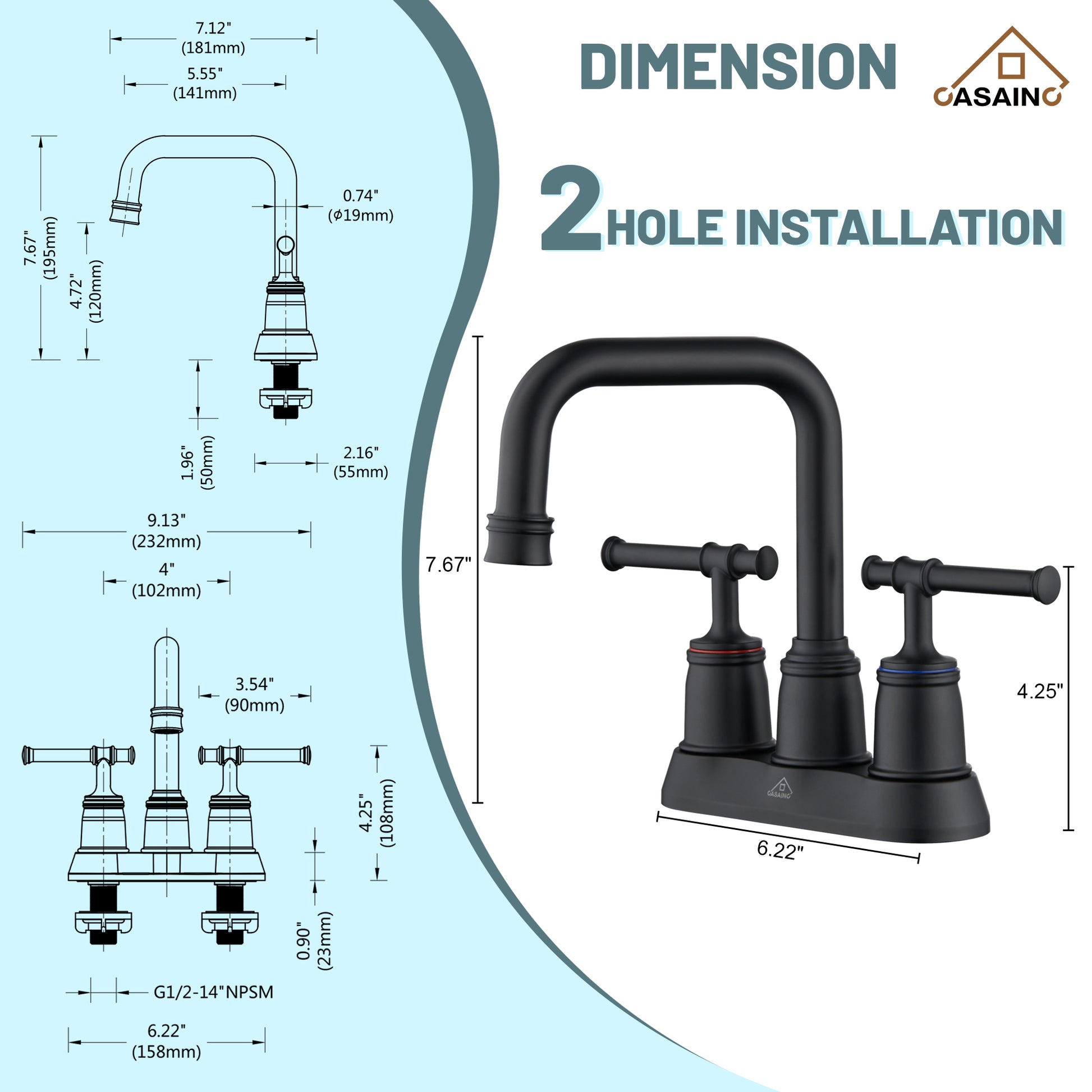 Casainc 4 Inch 2-Handle Centerset for Bathroom Sink Vanity Faucet 360° Swivel Spout
