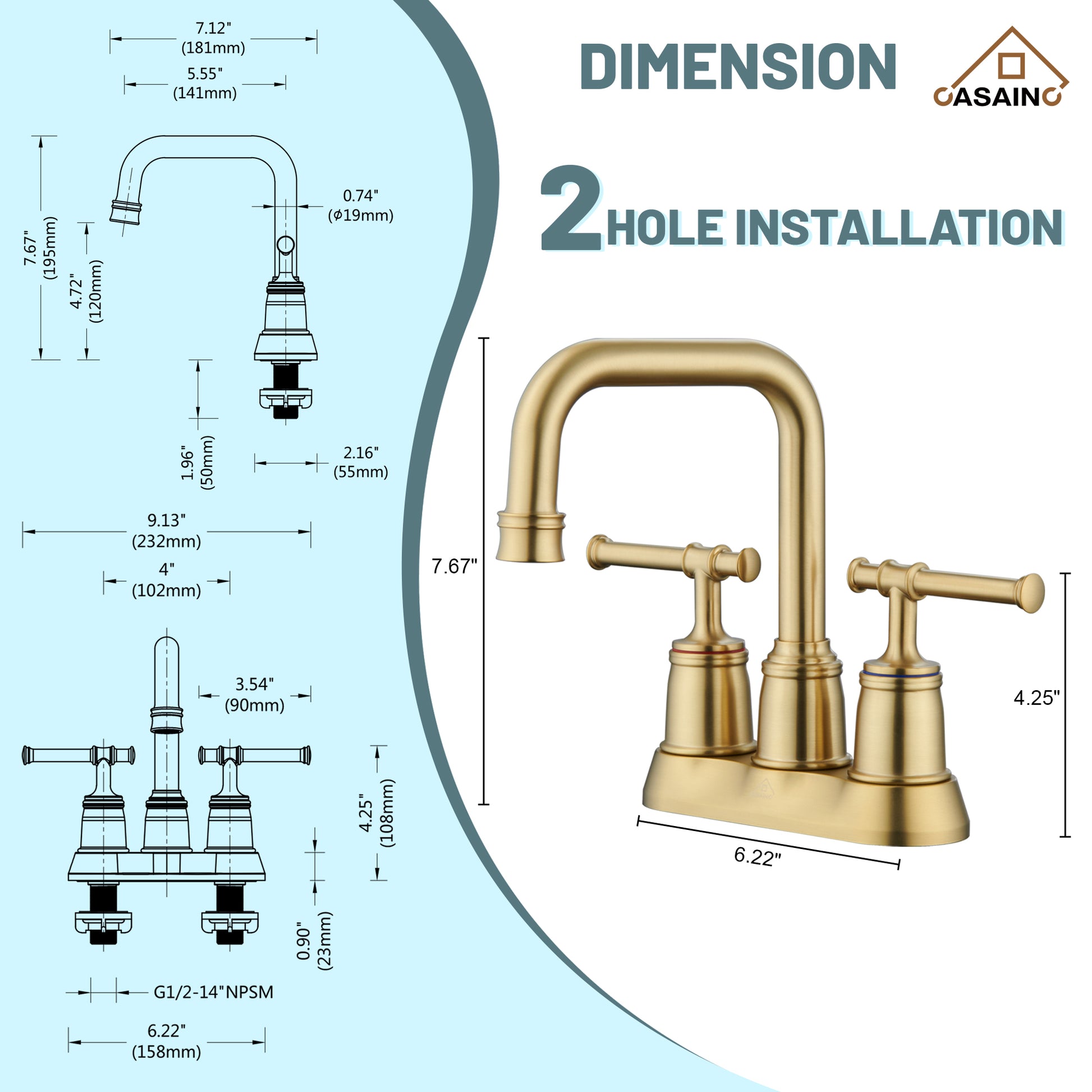 Casainc 4 Inch 2-Handle Centerset for Bathroom Sink Vanity Faucet 360° Swivel Spout