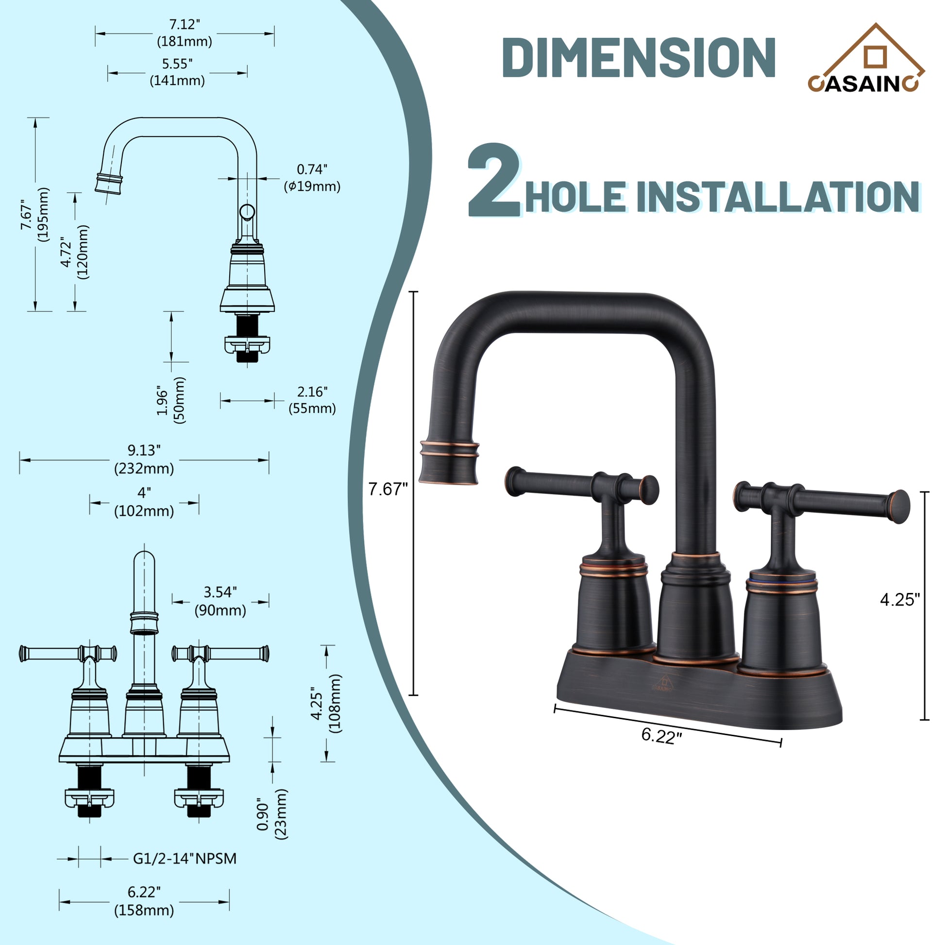 Casainc 4 Inch 2-Handle Centerset for Bathroom Sink Vanity Faucet 360° Swivel Spout