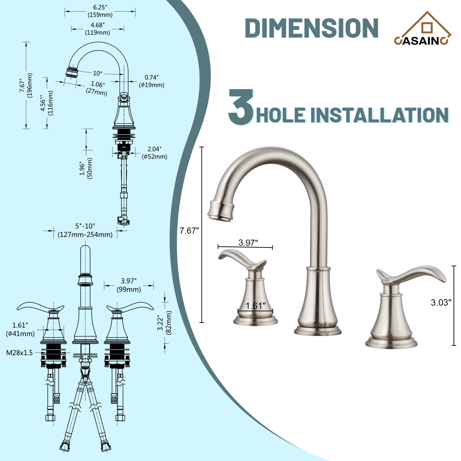 Casainc 8" Brass Bathroom Sink Faucet 2 Handle 3 Hole Gold Bathroom Faucet for Bathroom Sink with Pop-up Drain Assembly Widespread Vanity Faucets 360° Swivel Spout