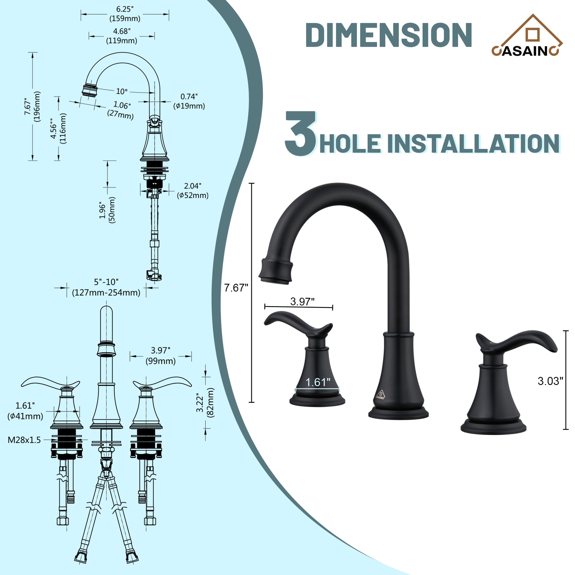 Casainc 8" Brass Bathroom Sink Faucet 2 Handle 3 Hole Gold Bathroom Faucet for Bathroom Sink with Pop-up Drain Assembly Widespread Vanity Faucets 360° Swivel Spout