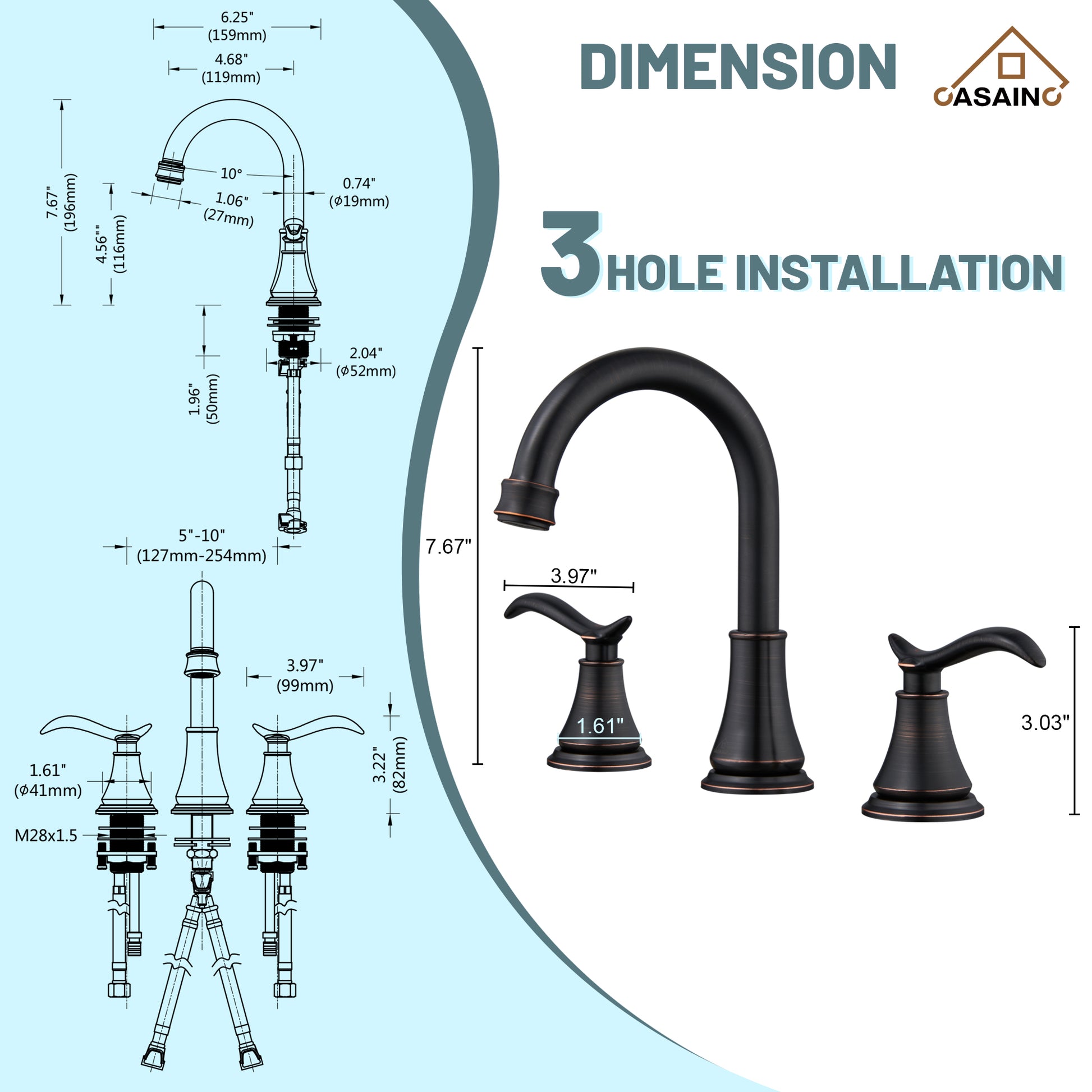 Casainc 8" Brass Bathroom Sink Faucet 2 Handle 3 Hole Gold Bathroom Faucet for Bathroom Sink with Pop-up Drain Assembly Widespread Vanity Faucets 360° Swivel Spout
