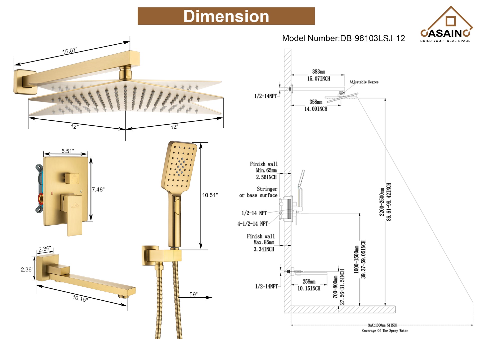 12" Shower System Square Top 3-Function Showerhead