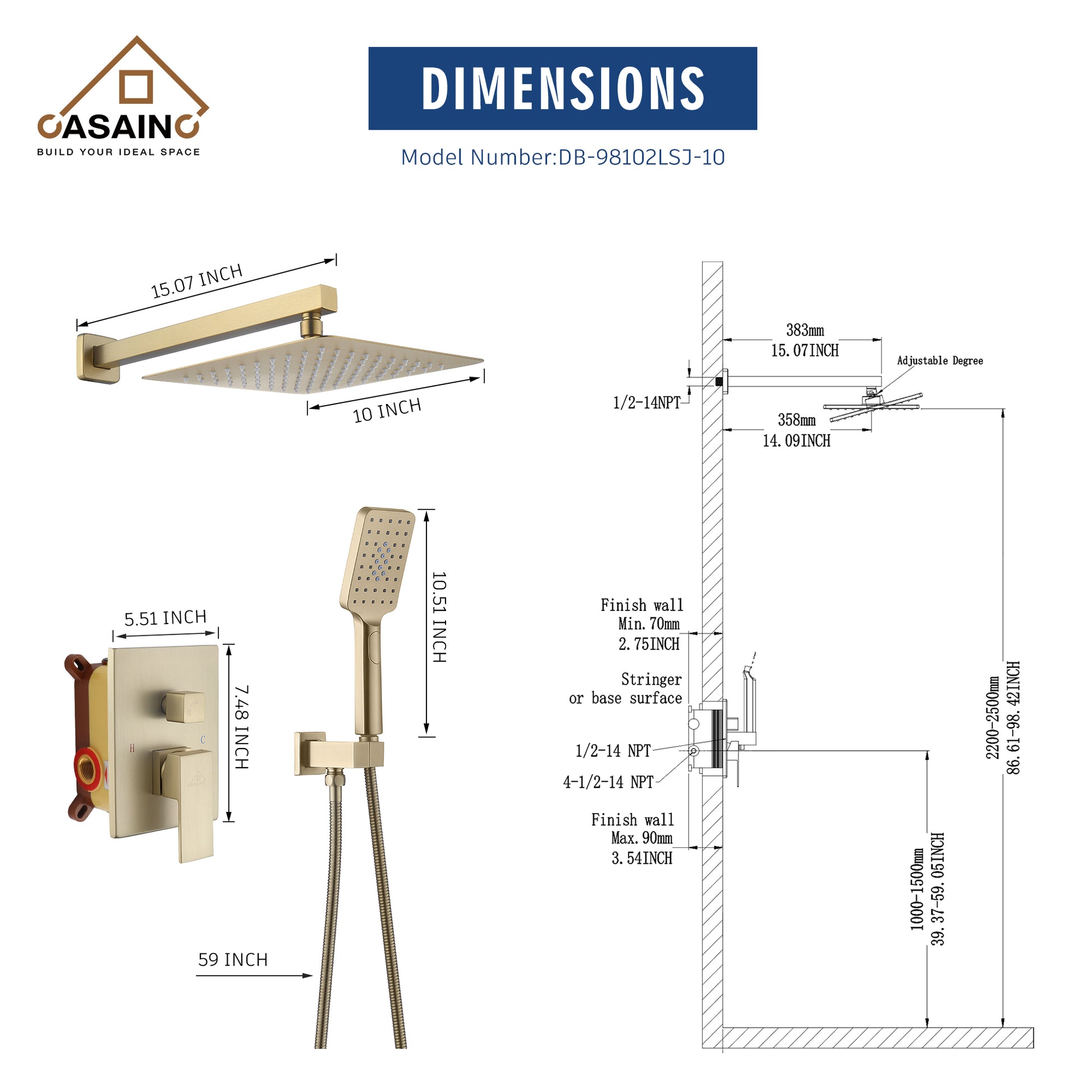 10" Brushed Gold Shower System Wall/Ceiling Mount Rain Shower System