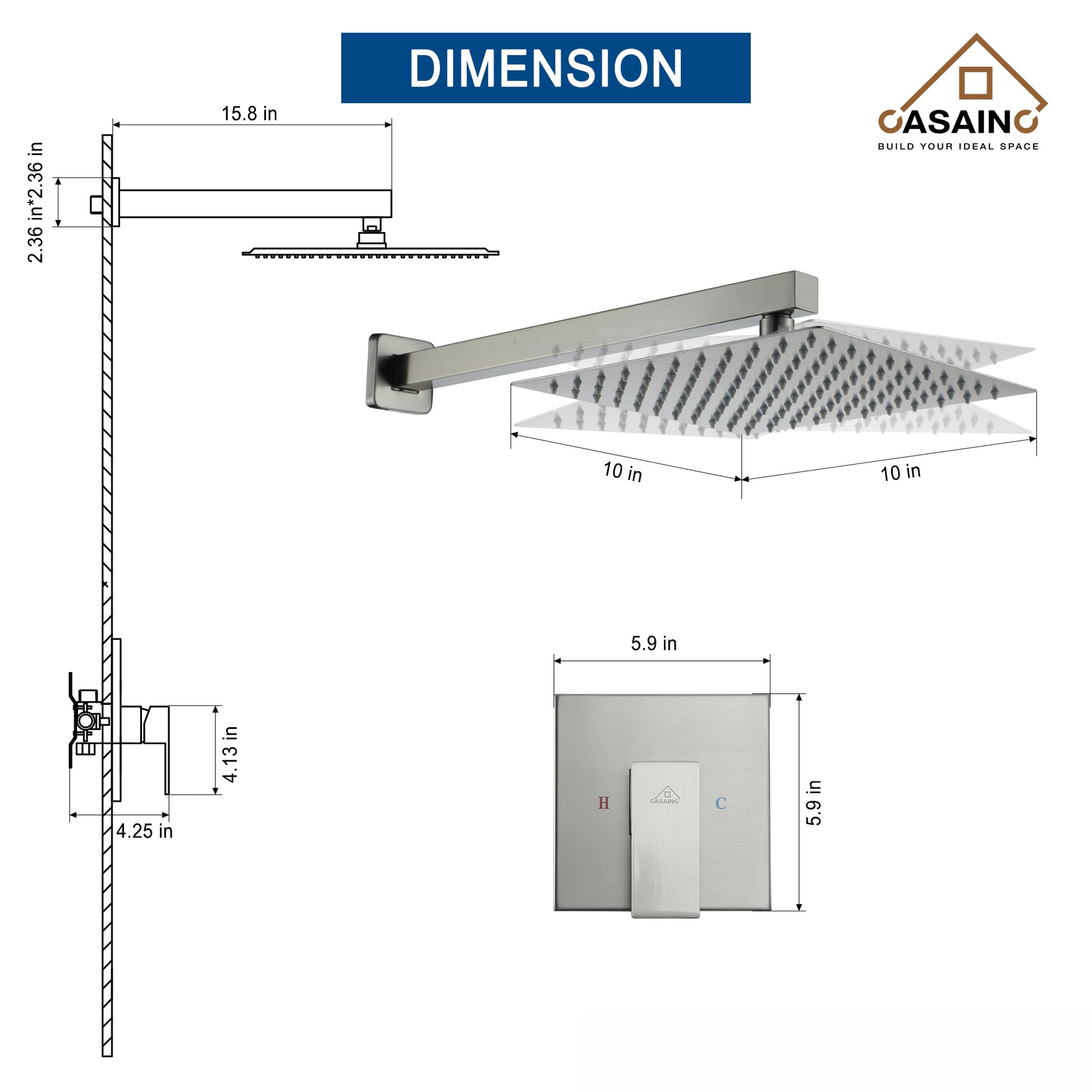 Rainfall Shower System 10" Wall Mount Single Function Showerhead