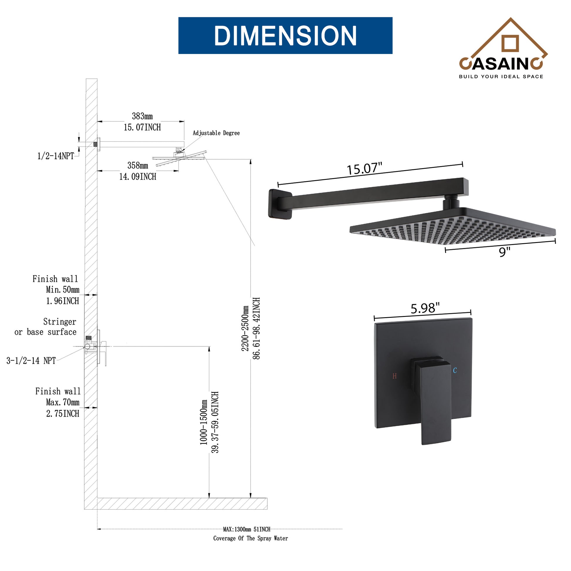 9" Wall Mount Rain Shower Head System Single Faucet (Valve Included)