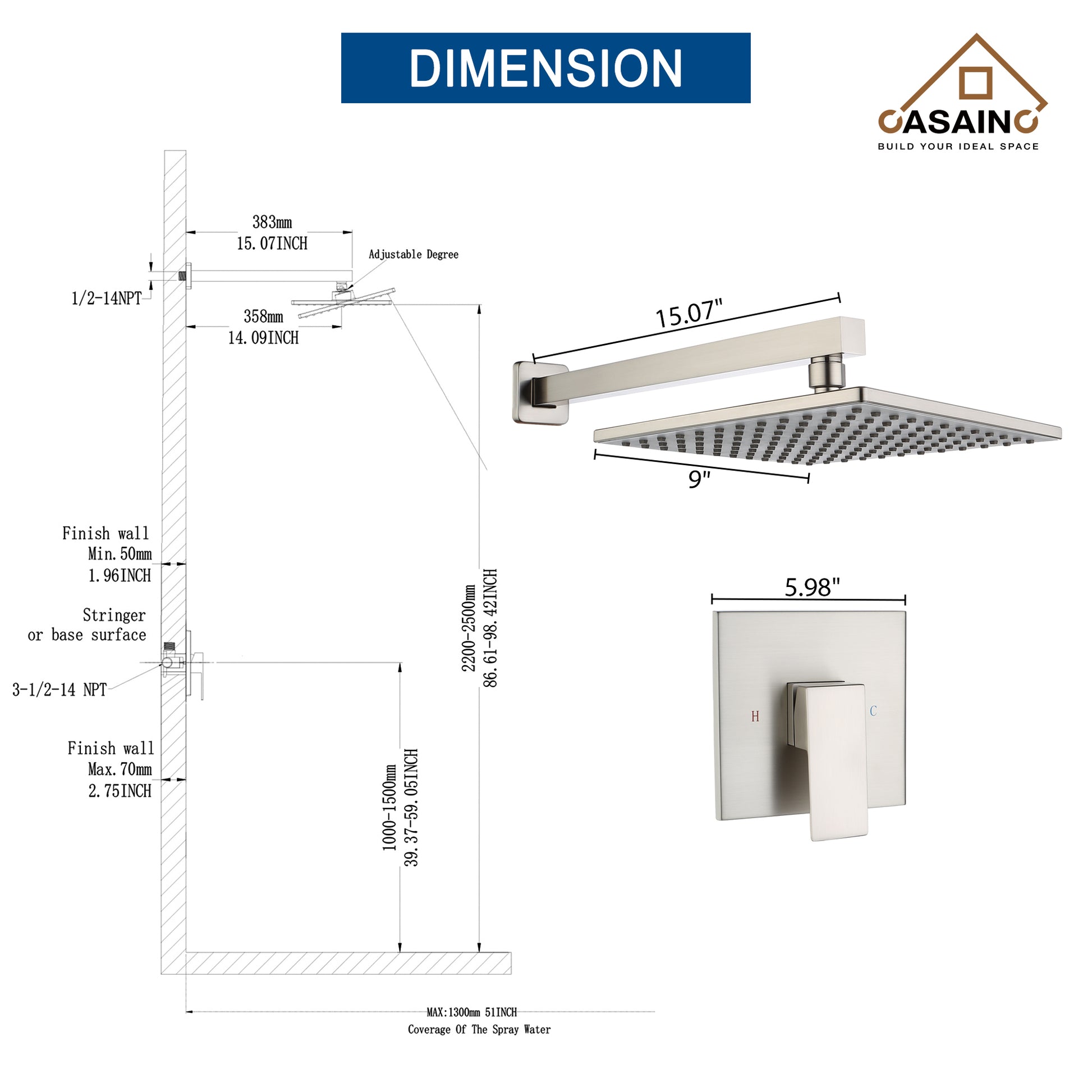 9" Wall Mount Rain Shower Head System Single Faucet (Valve Included)