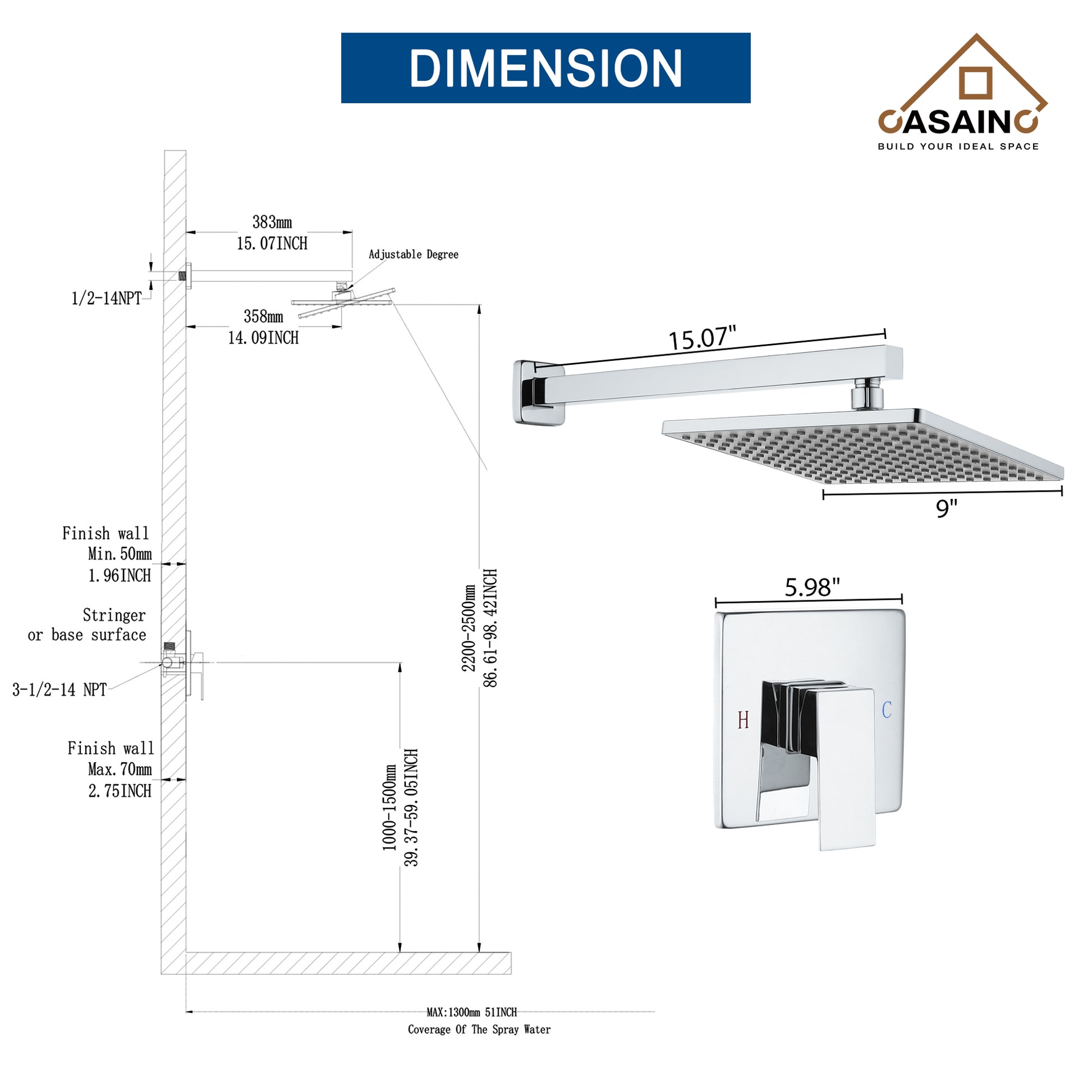 9" Wall Mount Rain Shower Head System Single Faucet (Valve Included)