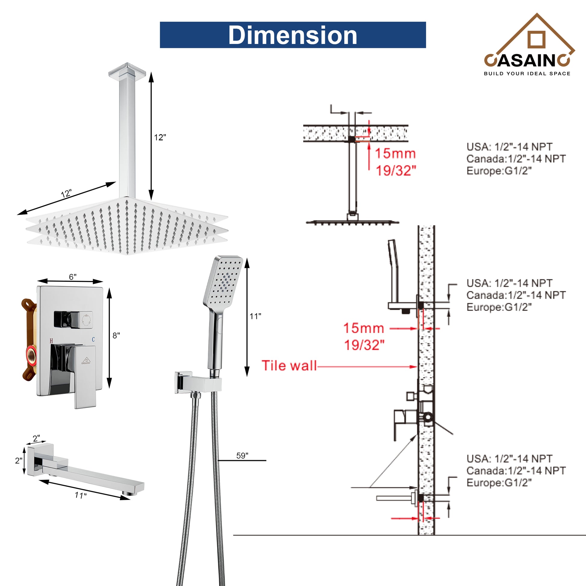 10 in./12 in. Ceiling Mount Shower System with Hand Shower & Tub Spout