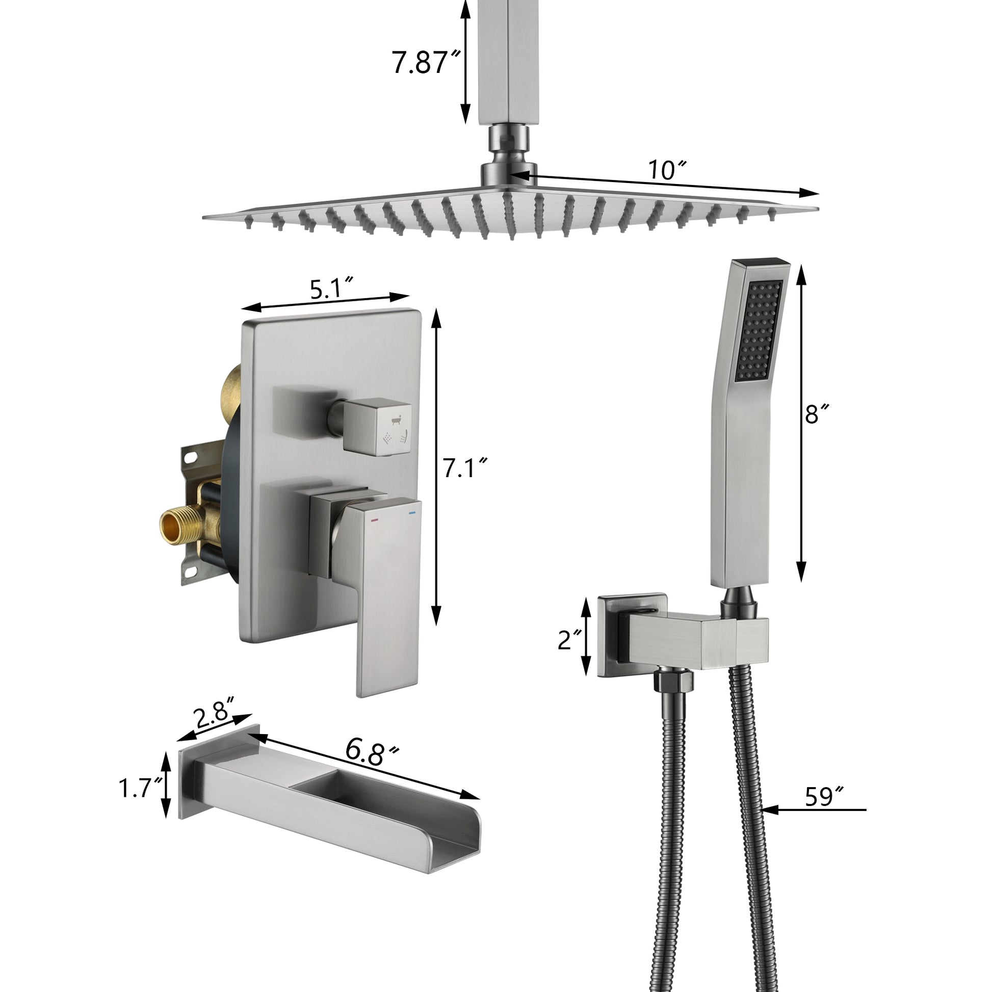 10-inch Ceiling-Mount 3-Function Shower System with Waterfall Tub Spout