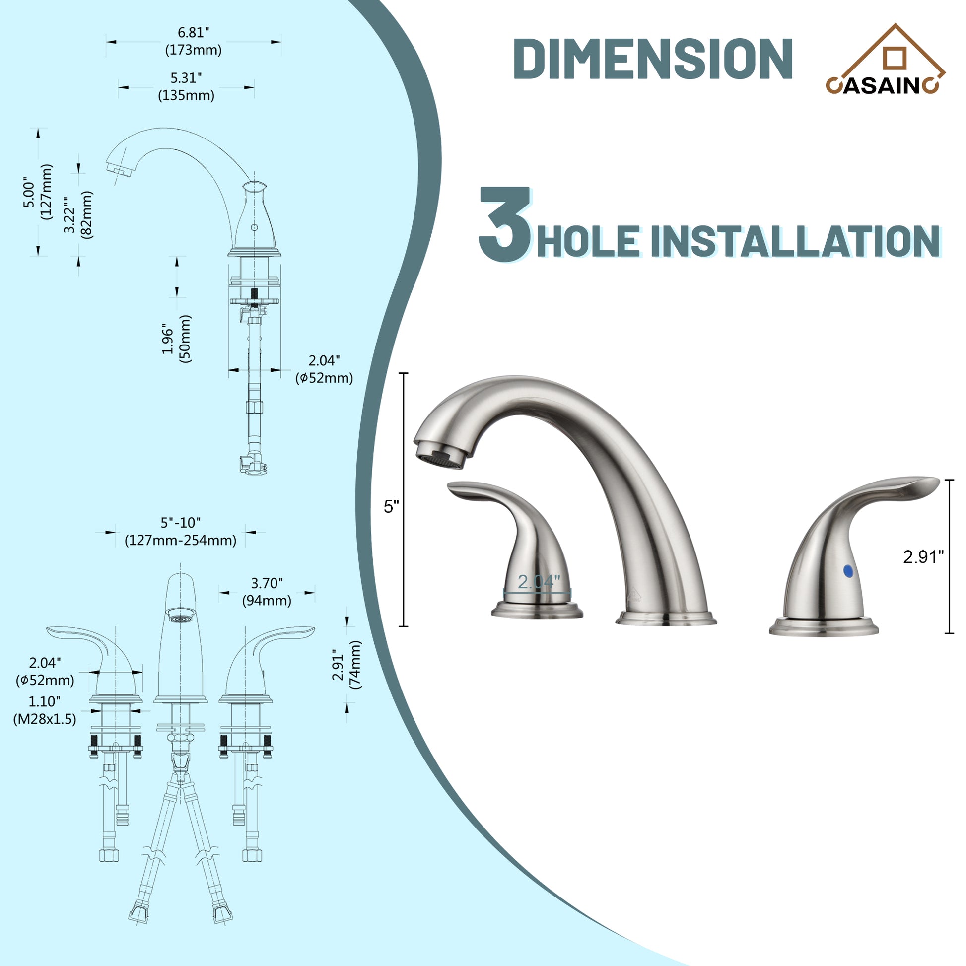 Casainc 4 Inch 2-Handle Bathroom Sink Faucet with Drain Assembly Matte Black/Brushed Nickel/Oil Rubbed Bronz/Brushed Gold 