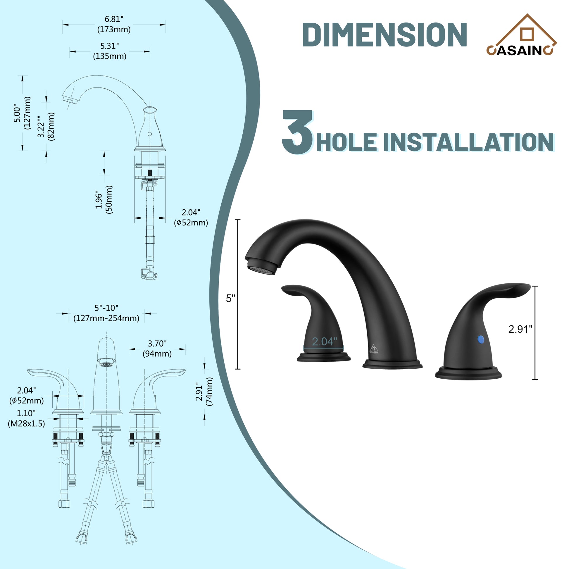 Casainc 4 Inch 2-Handle Bathroom Sink Faucet with Drain Assembly Matte Black/Brushed Nickel/Oil Rubbed Bronz/Brushed Gold 