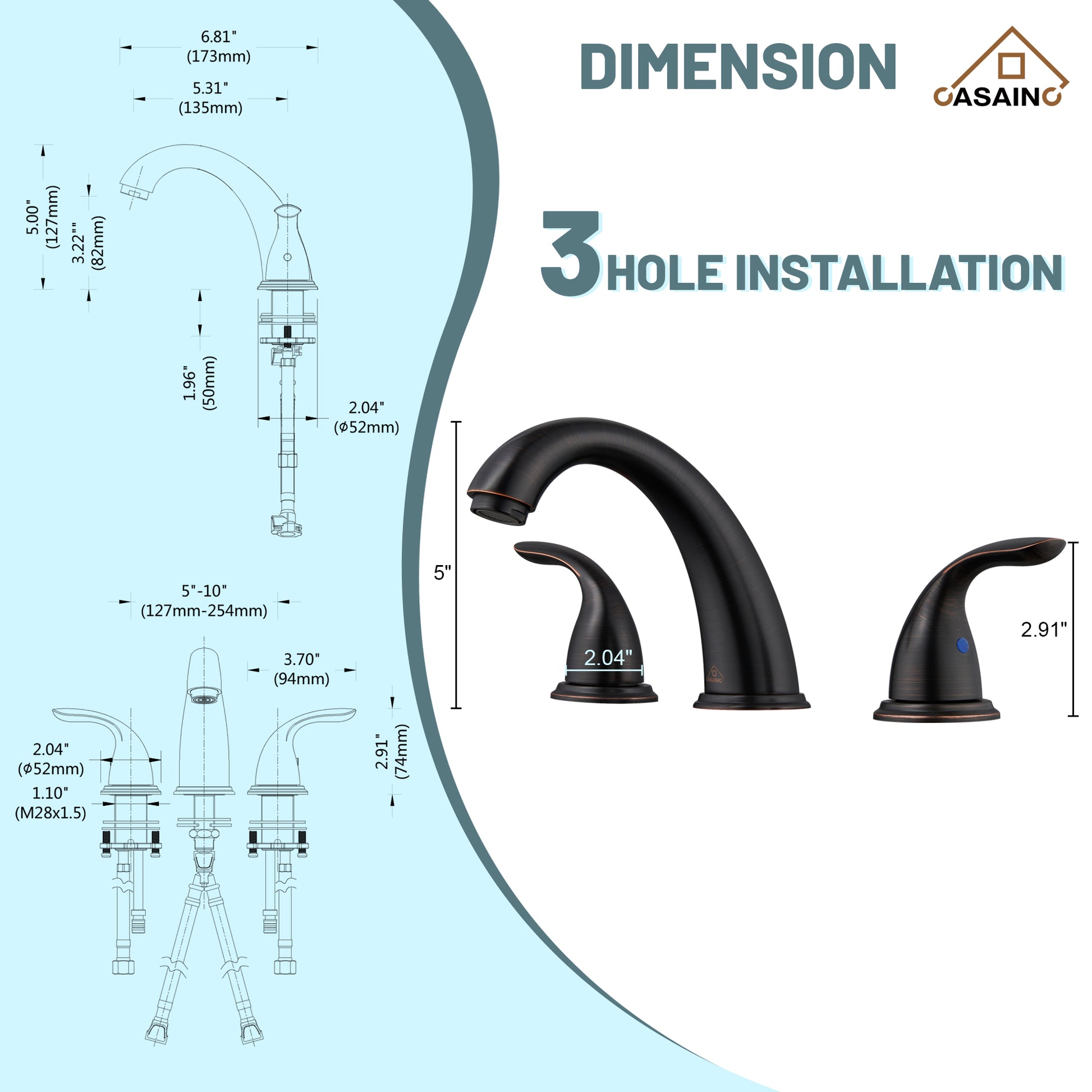 Casainc 4 Inch 2-Handle Bathroom Sink Faucet with Drain Assembly Matte Black/Brushed Nickel/Oil Rubbed Bronz/Brushed Gold 