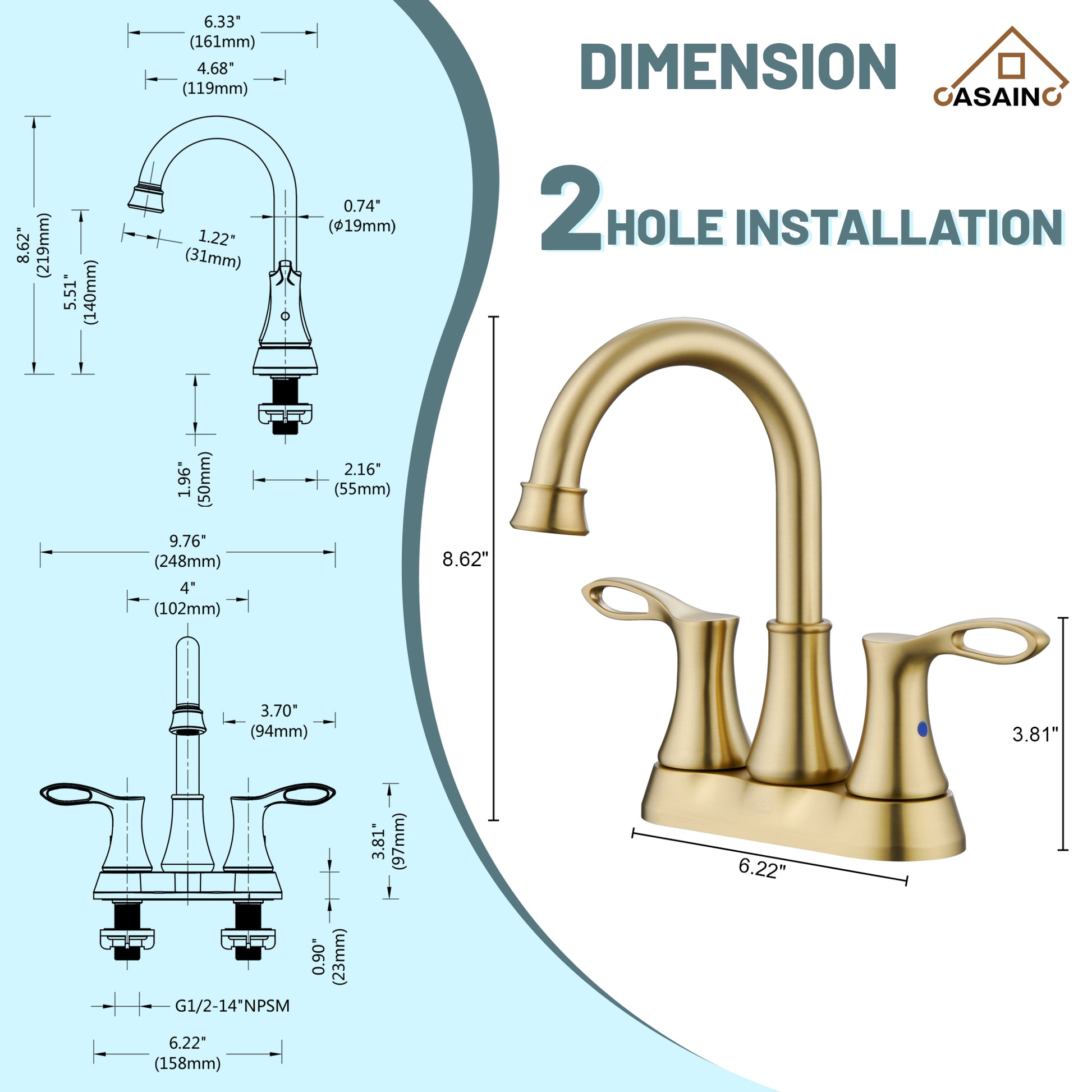 Casainc 4 Inch 2-Handle Centerset Bathroom Sink Faucet 360° Swivel Spout Vanity Faucet