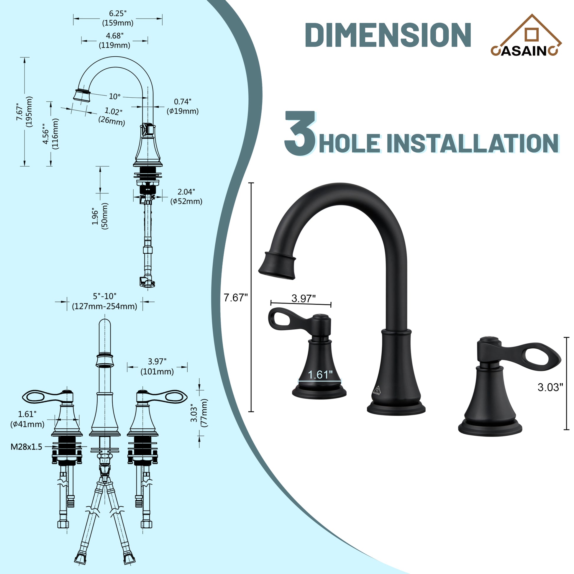 Casainc 8" Brass Bathroom Sink Faucet 3 Hole Gold Bathroom Faucet  2 Handle Gold Faucet for Bathroom Sink with Pop-up Drain Assembly Widespread Vanity Faucets