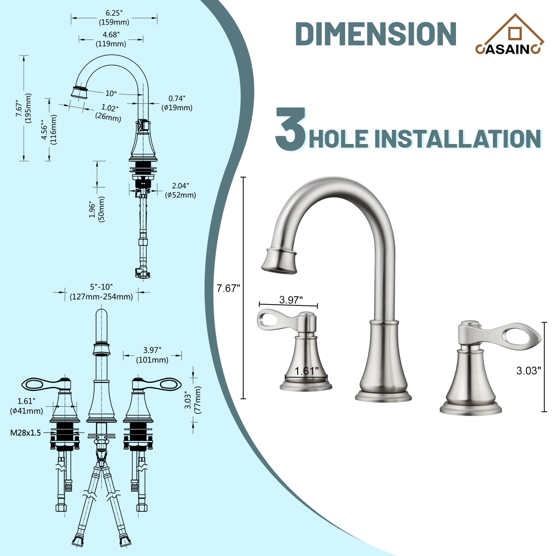 Casainc 8" Brass Bathroom Sink Faucet 3 Hole Gold Bathroom Faucet  2 Handle Gold Faucet for Bathroom Sink with Pop-up Drain Assembly Widespread Vanity Faucets
