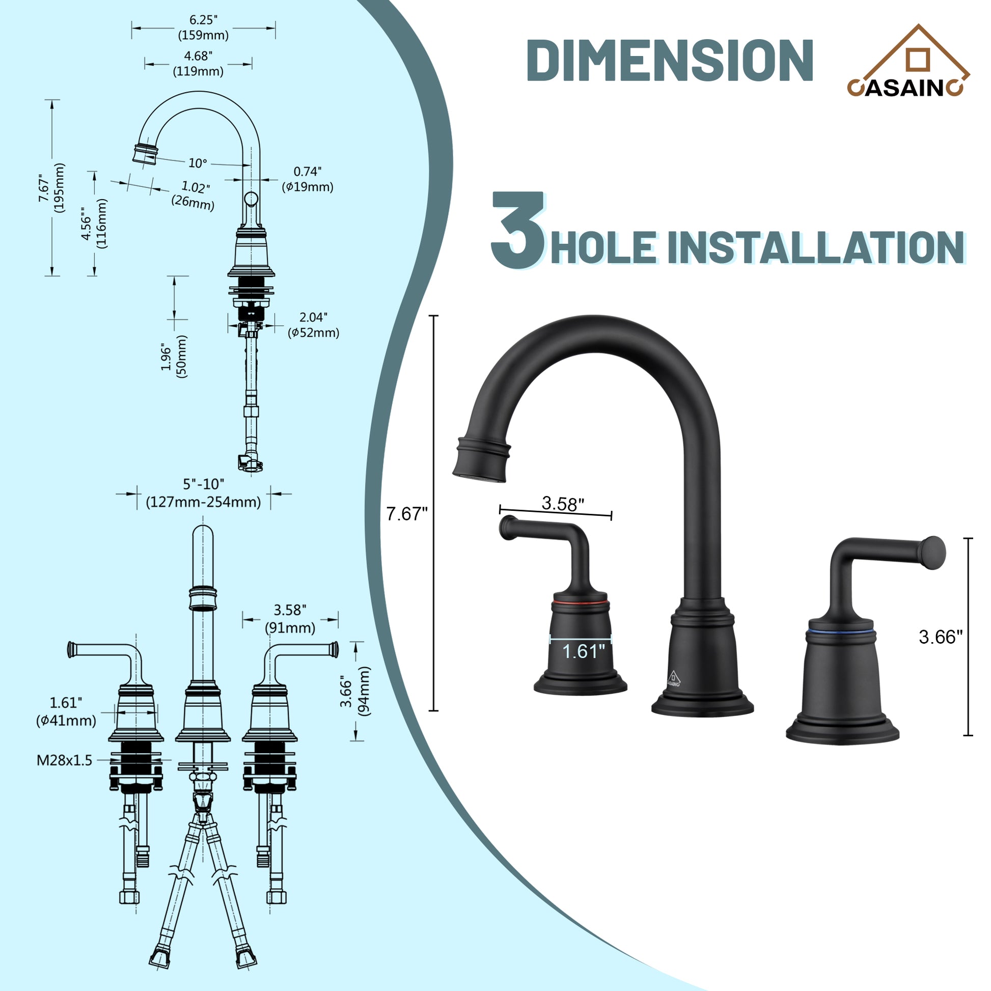 Casainc 8" Brass Bathroom Sink Faucet 2 Handle 3 Hole Gold Bathroom Faucet for Bathroom Sink with Pop-up Drain Assembly Widespread Vanity Faucets