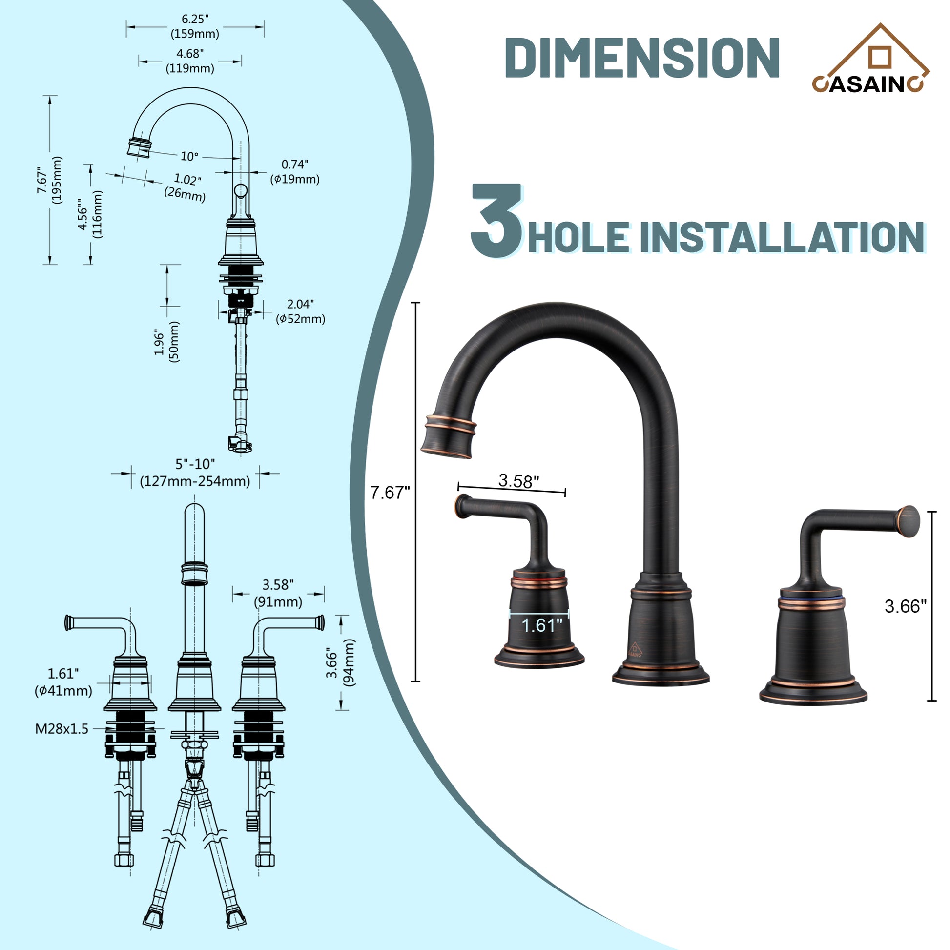 Casainc 8" Brass Bathroom Sink Faucet 2 Handle 3 Hole Gold Bathroom Faucet for Bathroom Sink with Pop-up Drain Assembly Widespread Vanity Faucets
