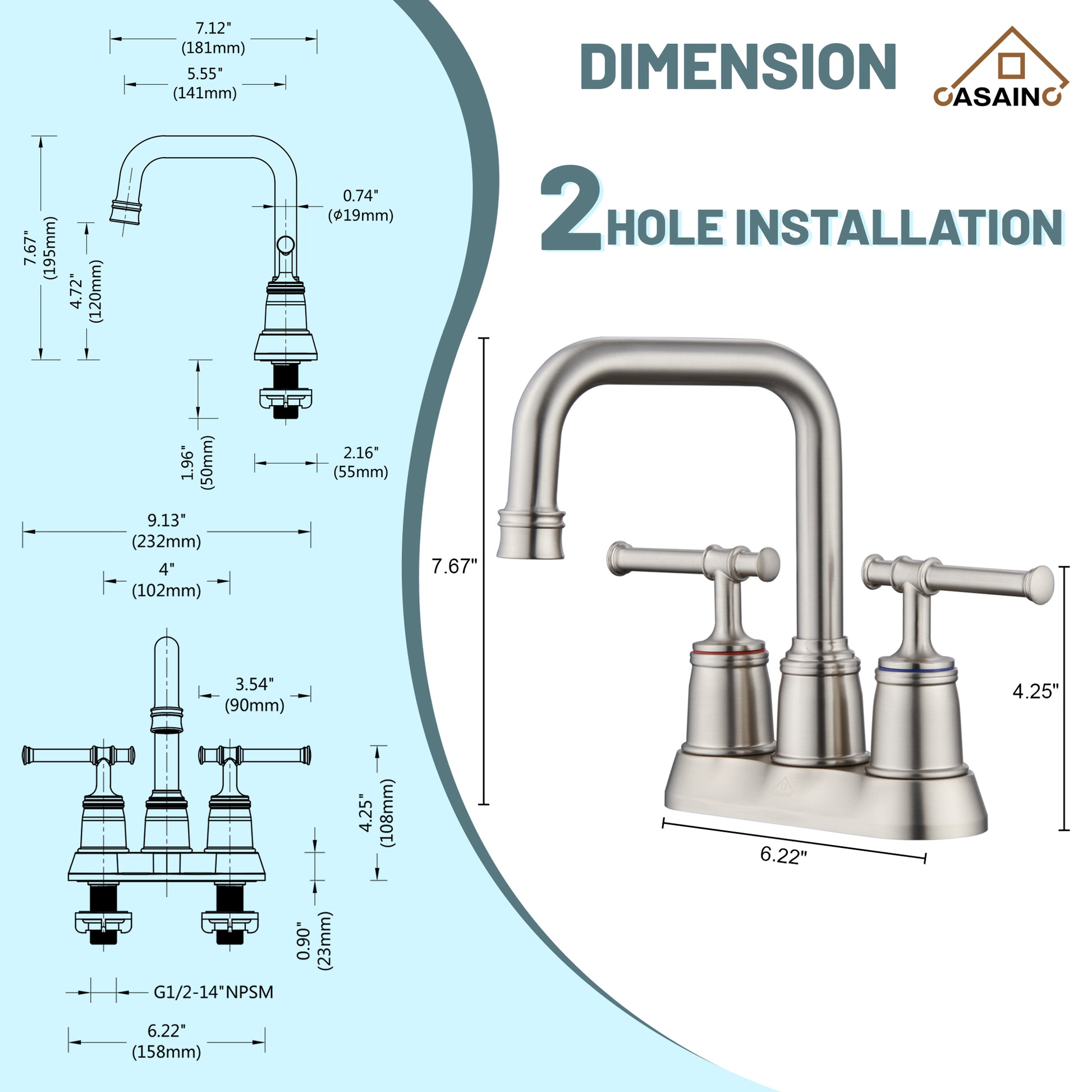Casainc 4 Inch 2-Handle Centerset for Bathroom Sink Vanity Faucet 360° Swivel Spout