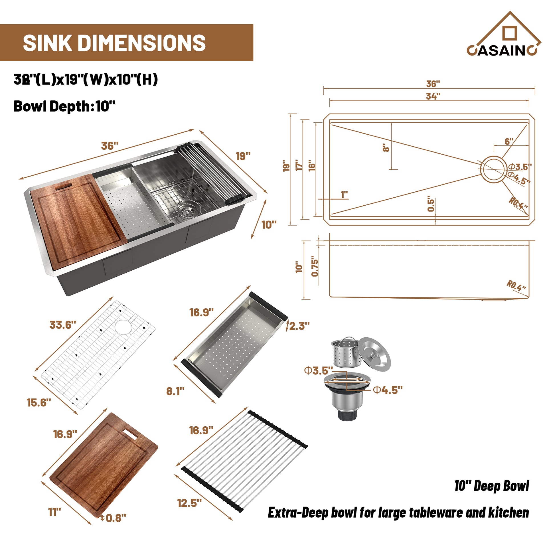 36 inch Workstation Undermount kitchen Sink Stainless Steel Sink 18 Gauge Single Bowl Kitchen Sinks Set