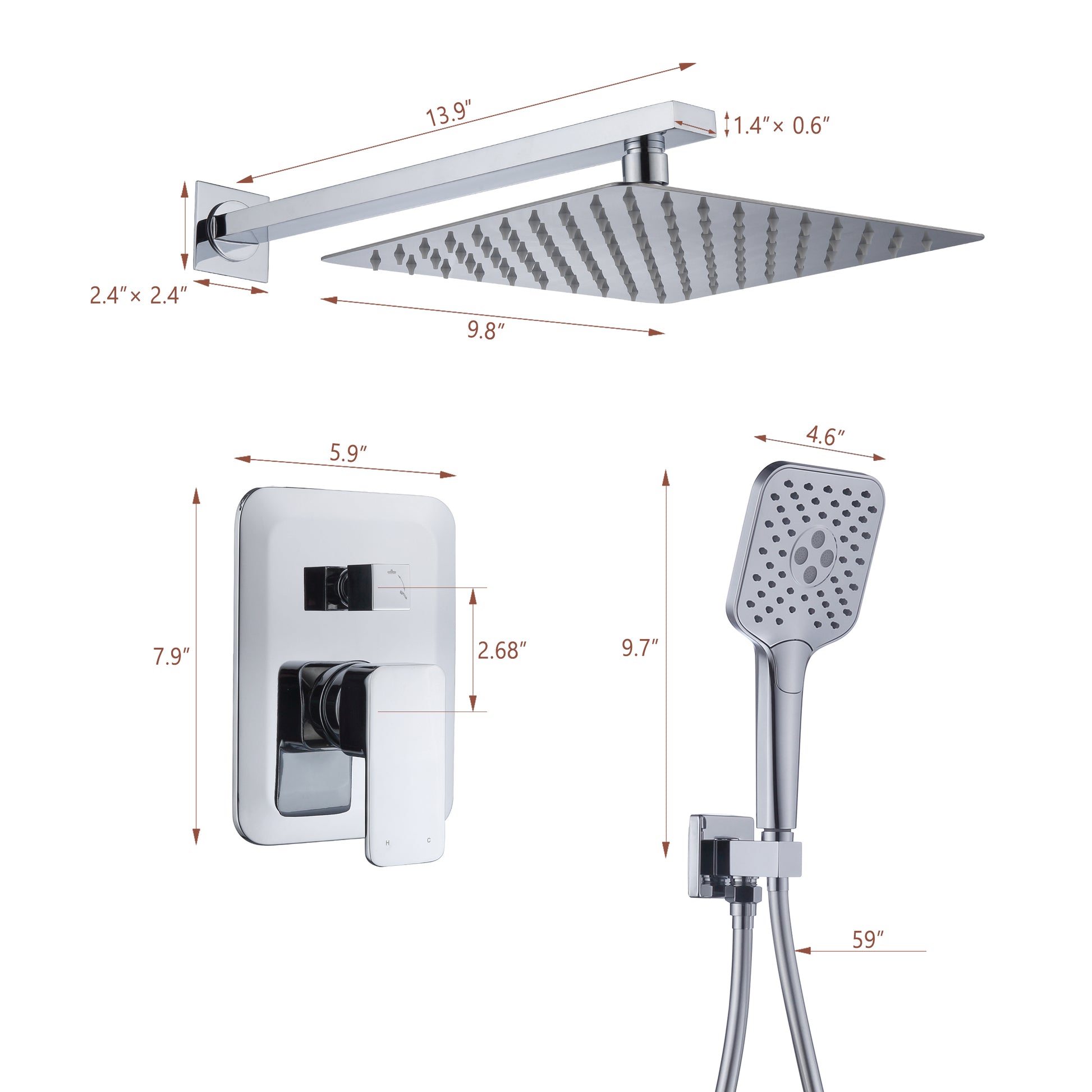 CASAINC 9.8" Square Wall-mounted Rain Shower Faucet with Pressure Balanced Valve