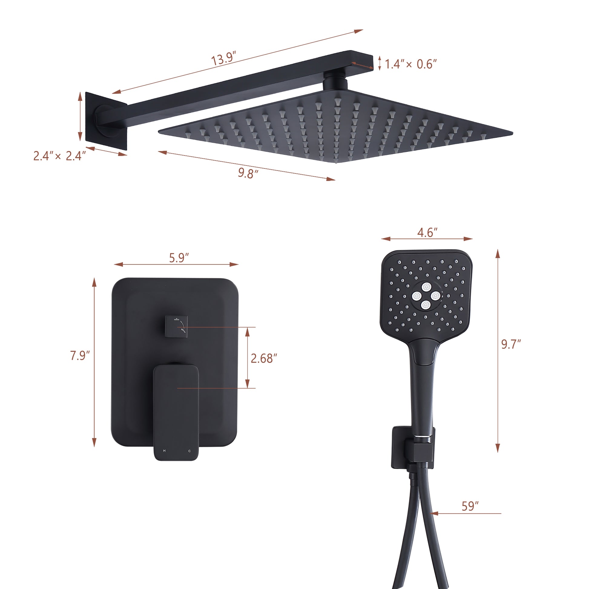 CASAINC 9.8" Square Wall-mounted Rain Shower Faucet with Pressure Balanced Valve