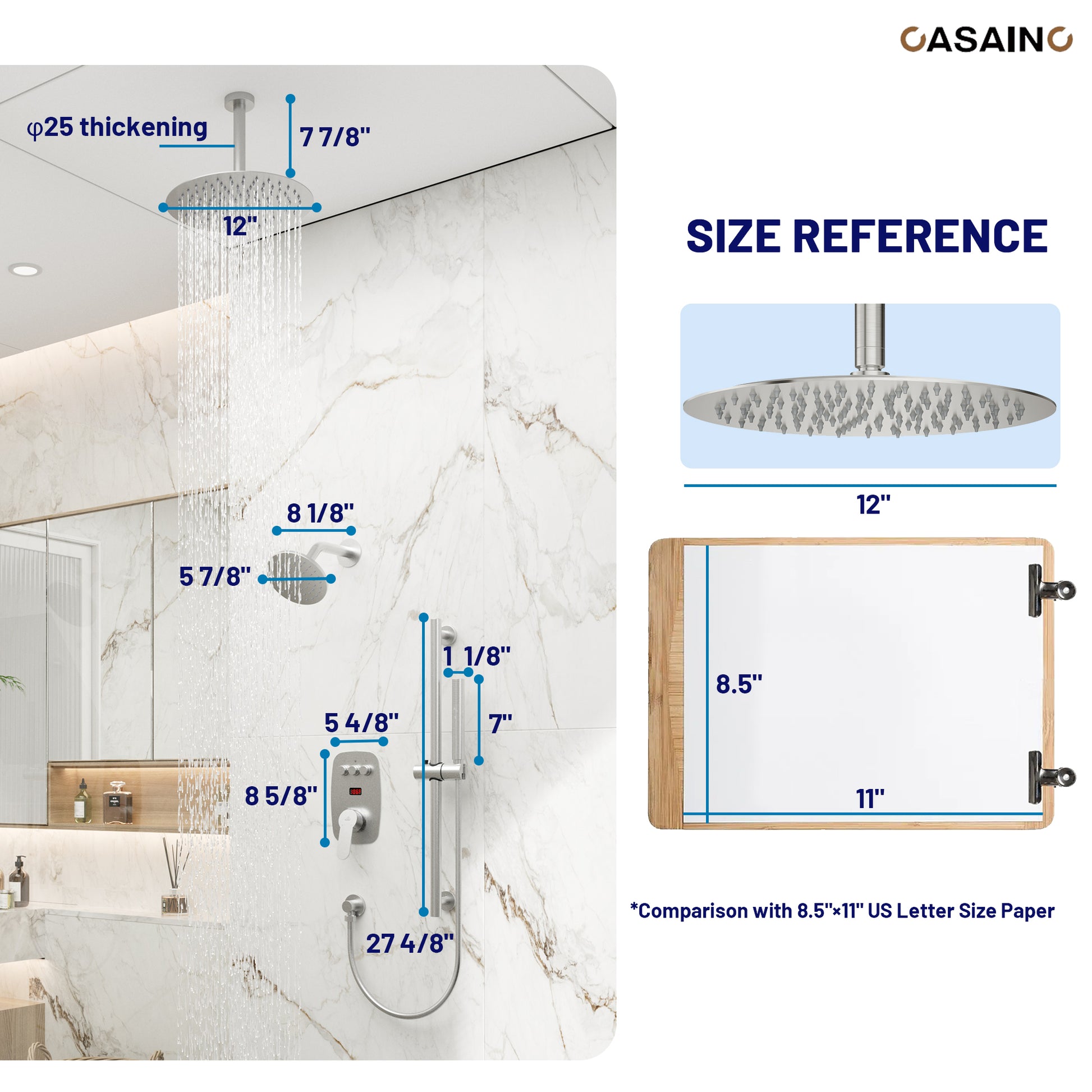 12-inch Ceiling-Mounted Dual Shower System with Slide Bar & Digital Display