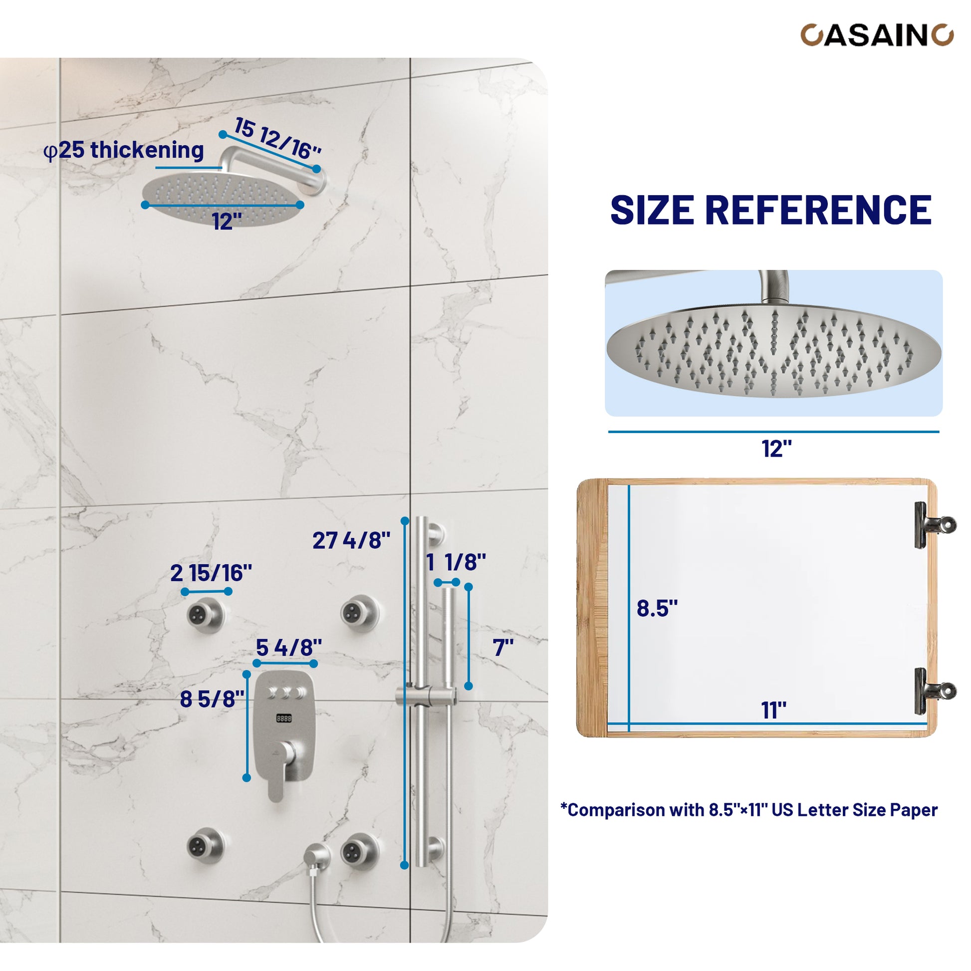 12-inch Wall-Mounted Body Jet Shower System with Slide Bar & Digital Display