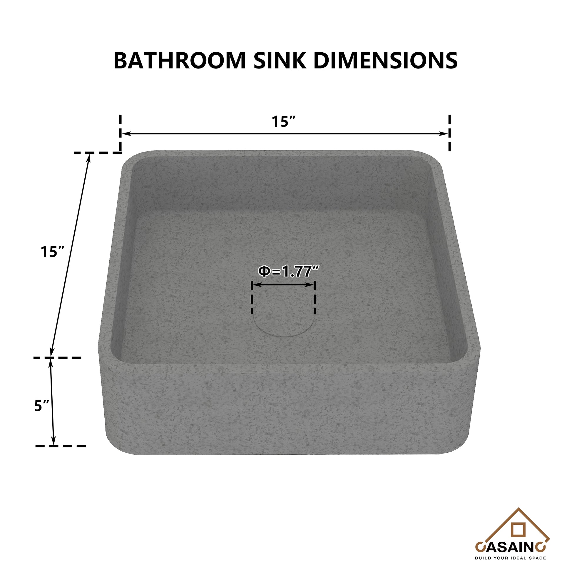 15in Bathroom Concrete Square Vessel Sink with Drainer in Mottled Bluish Grey / Cold Concrete Grey / Taupe Clay