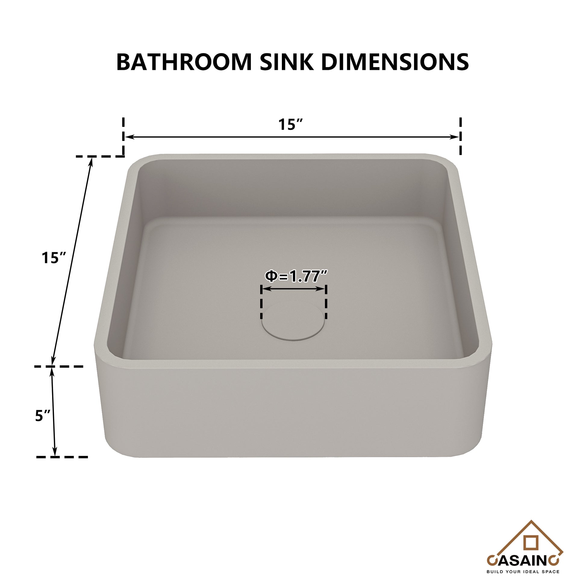 15in Bathroom Concrete Square Vessel Sink with Drainer in Mottled Bluish Grey / Cold Concrete Grey / Taupe Clay