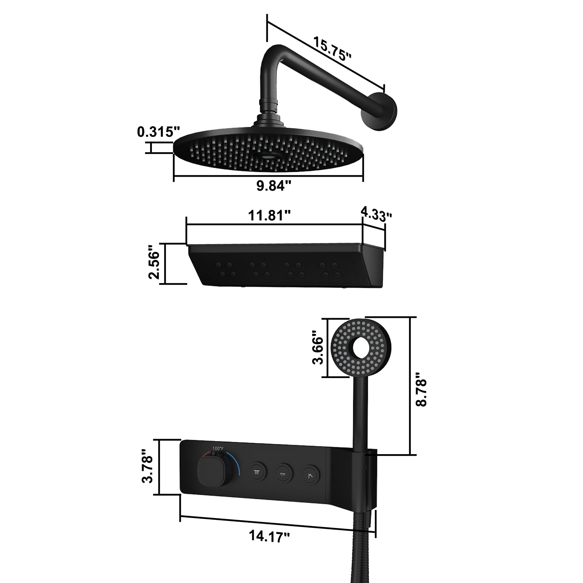 10-inch 3-Function Thermostatic Shower System with Neck Massage Jet