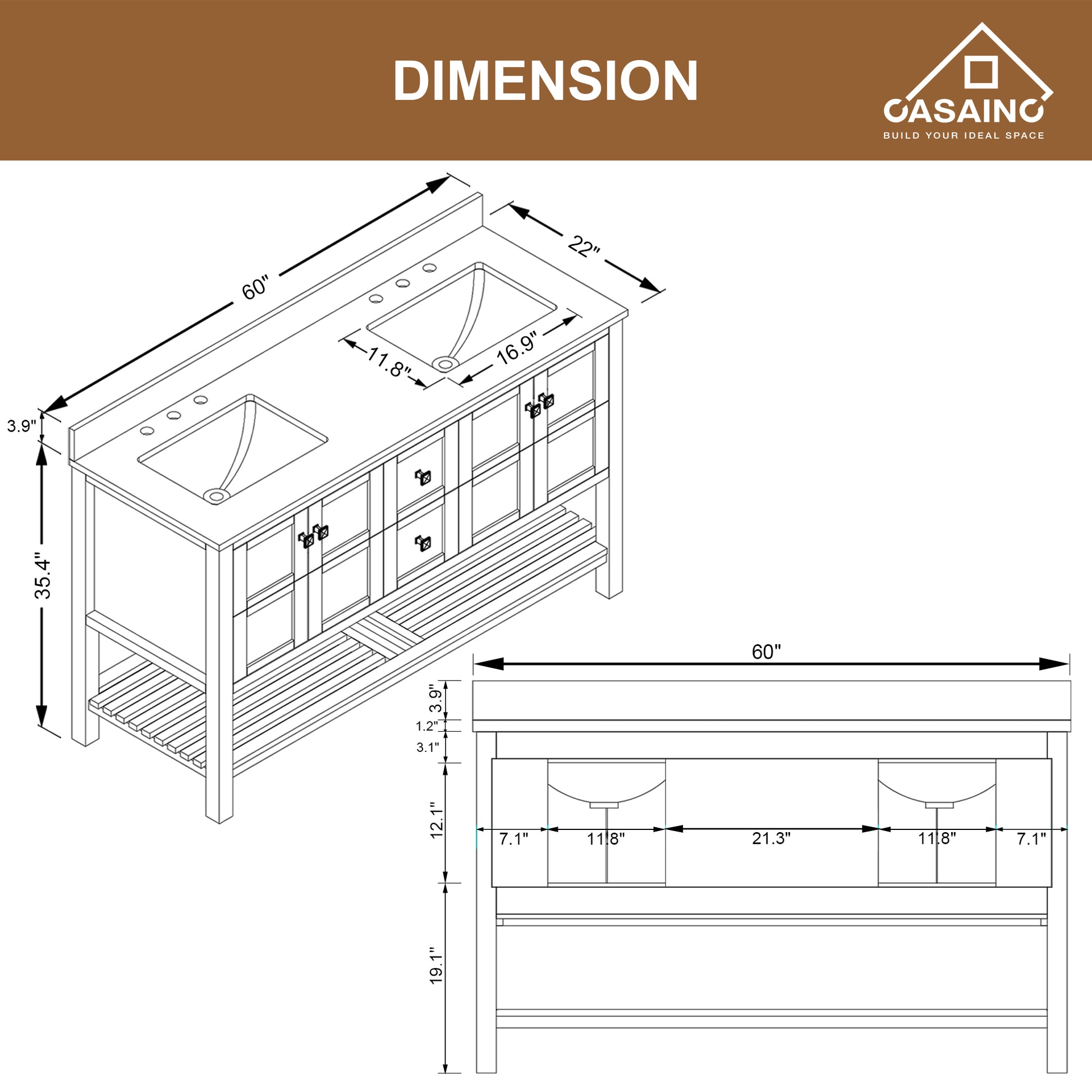 CASAINC Bathroom Vanity 60 x 22 x 35.4 with 1.2" Thickness Countertop & Backsplash, Bothe Side Rectangular Sink, 4 Soft Closing Doors, 2 Dove Tail Drawer Construction, Soft Close Drawer Hinges, Gray, White (With Mirror)