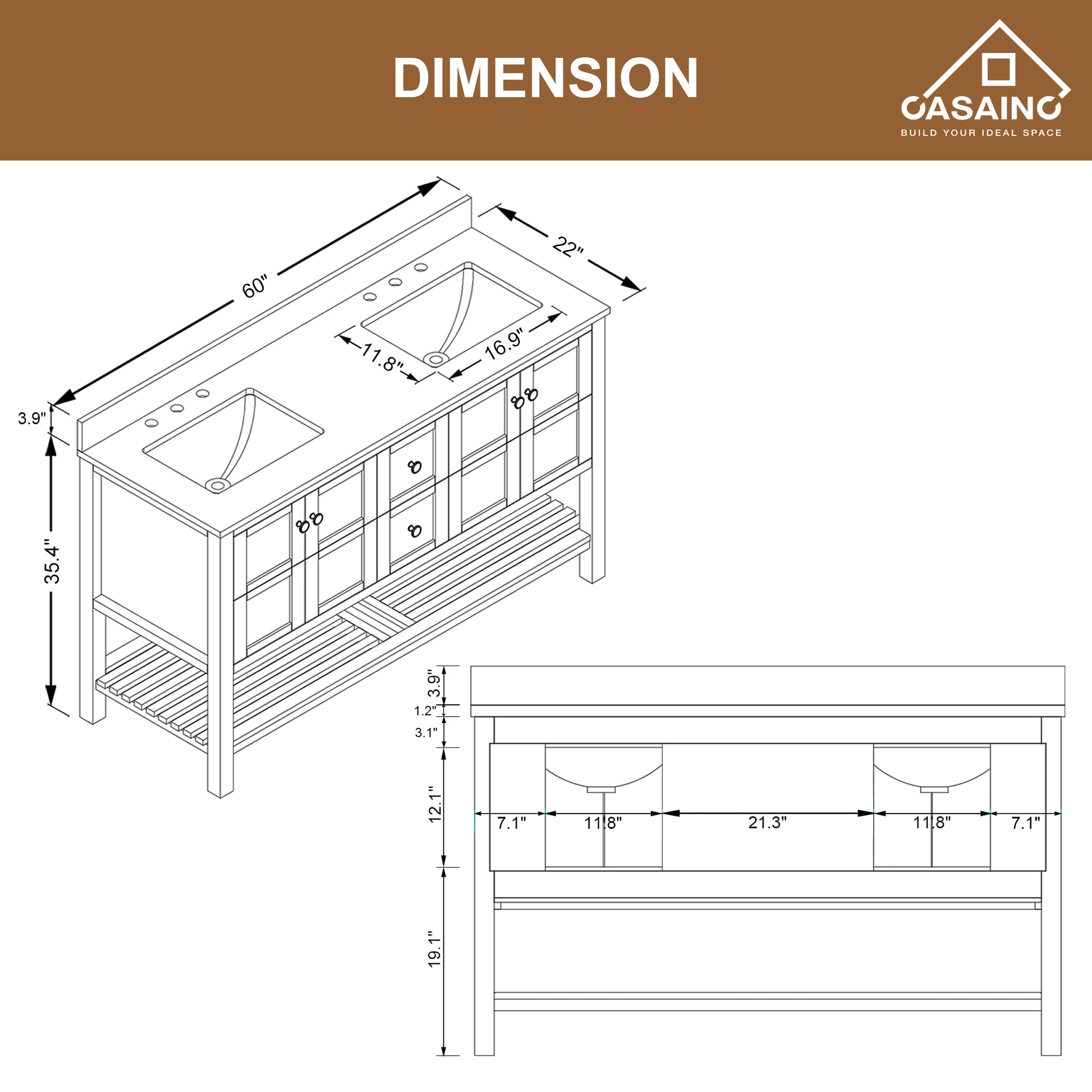 CASAINC Bathroom Vanity 60 x 22 x 35.4 with 1.2" Thickness Countertop & Backsplash, Bothe Side Rectangular Sink, 4 Soft Closing Doors, 2 Dove Tail Drawer Construction, Soft Close Drawer Hinges, Gray, White (With Mirror)