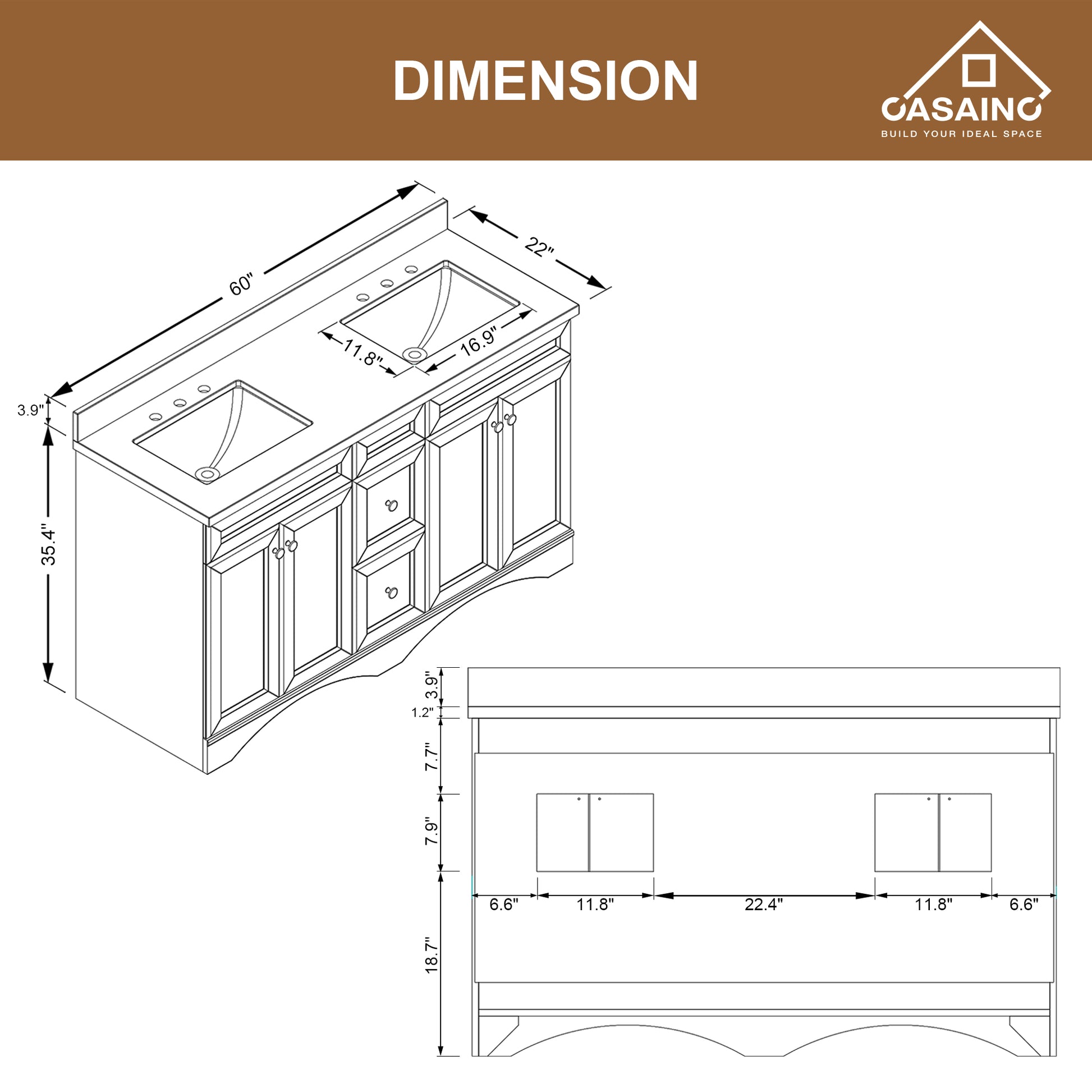 CASAINC 60" Solid Wood Bathroom Vanity with 1.2" Edge Italian Carrara Marble Countertop & Backsplash, Center Rectangular Sink, 4 Soft Closing Doors, 2 functional drawers, Grey, Matte White, Mirror, No Mirror